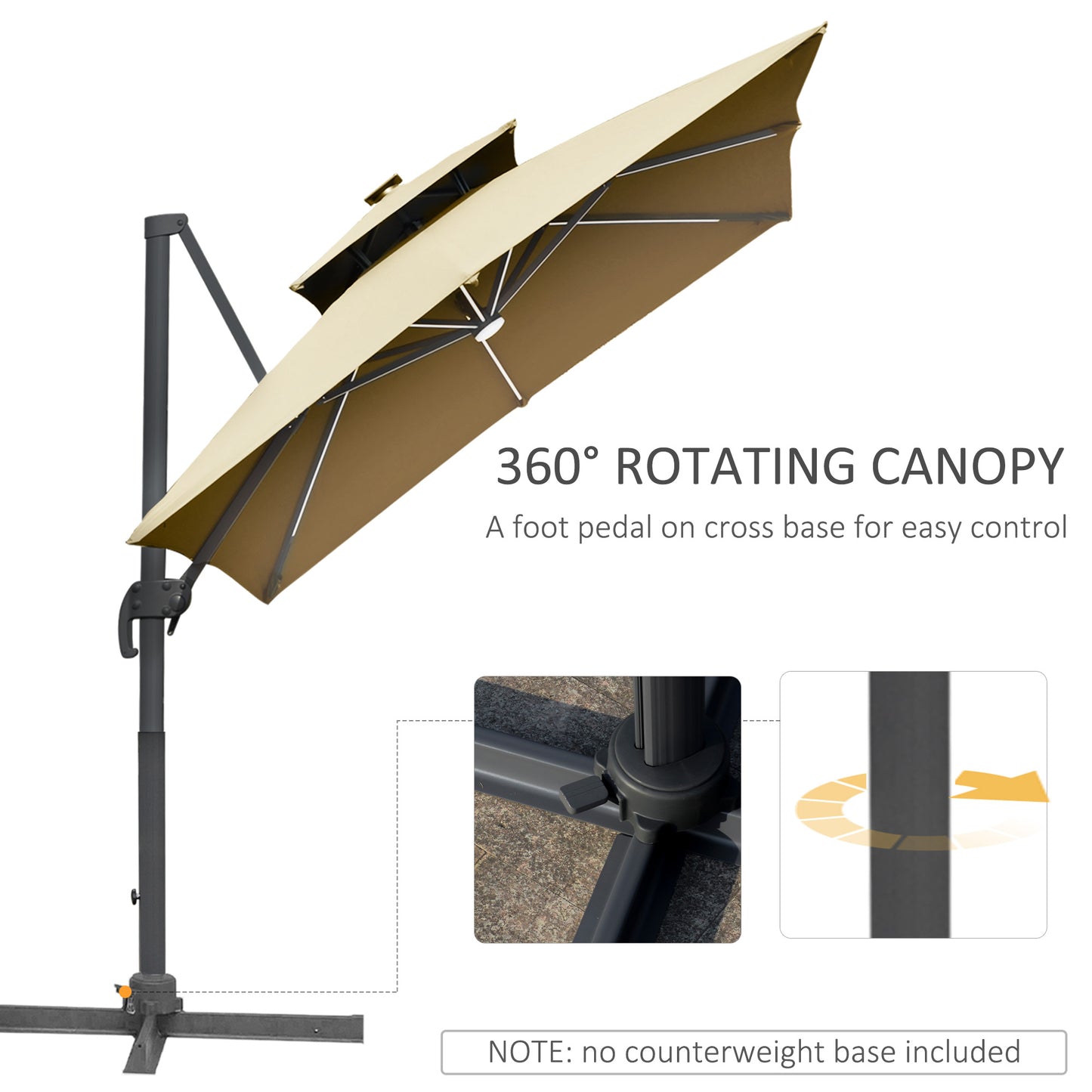 Outsunny 3m Cantilever Parasol: Adjustable Garden Sun Umbrella with Solar LED Lighting, Tilt and Crank Handle and Cross Base for Lawn in Grey/Khaki