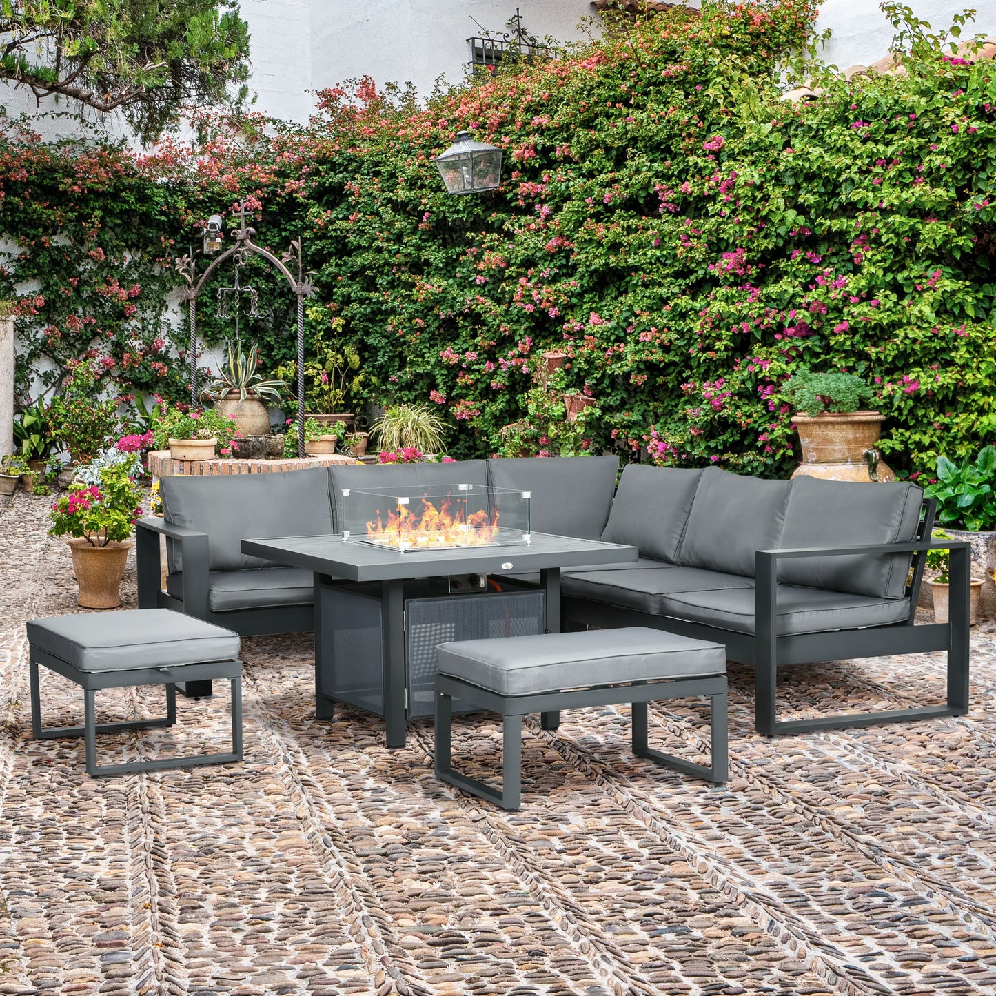 Outsunny Aluminium Garden Furniture Set: Outdoor Corner Sofa, Loveseat, and Footstools with Gas Fire Pit Table in Grey