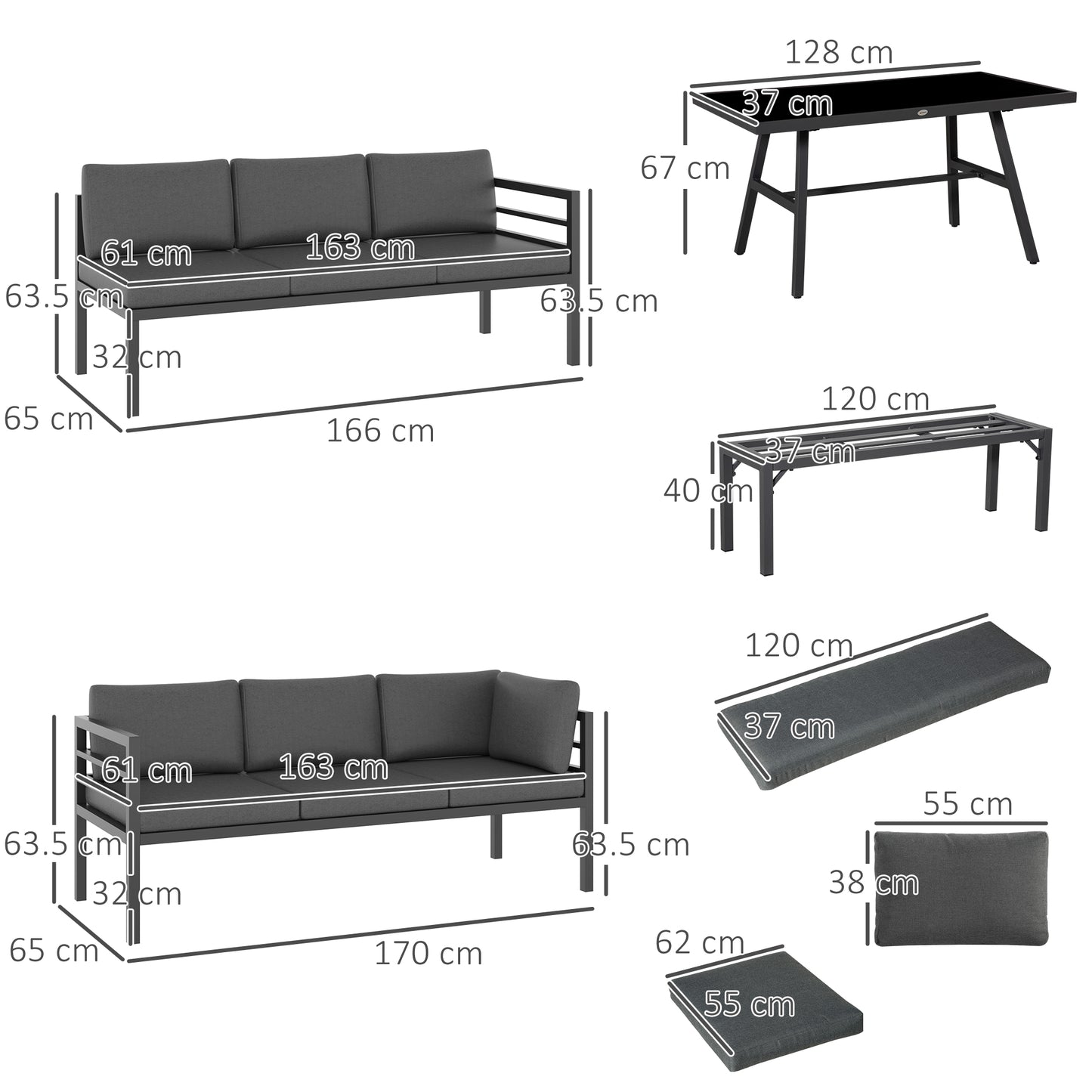 Outsunny Aluminium L-Shaped Outdoor Dining Set with Bench, Dining Table, and Cushions in Grey