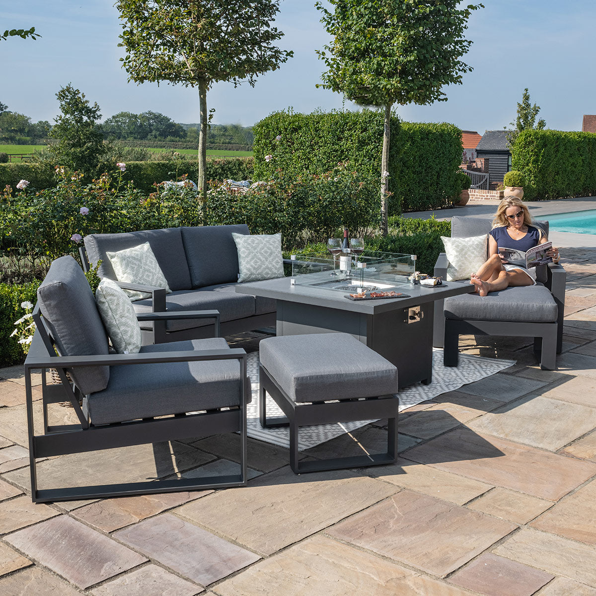 Amalfi 2 Seat Sofa Set With Square Fire Pit Table in Grey