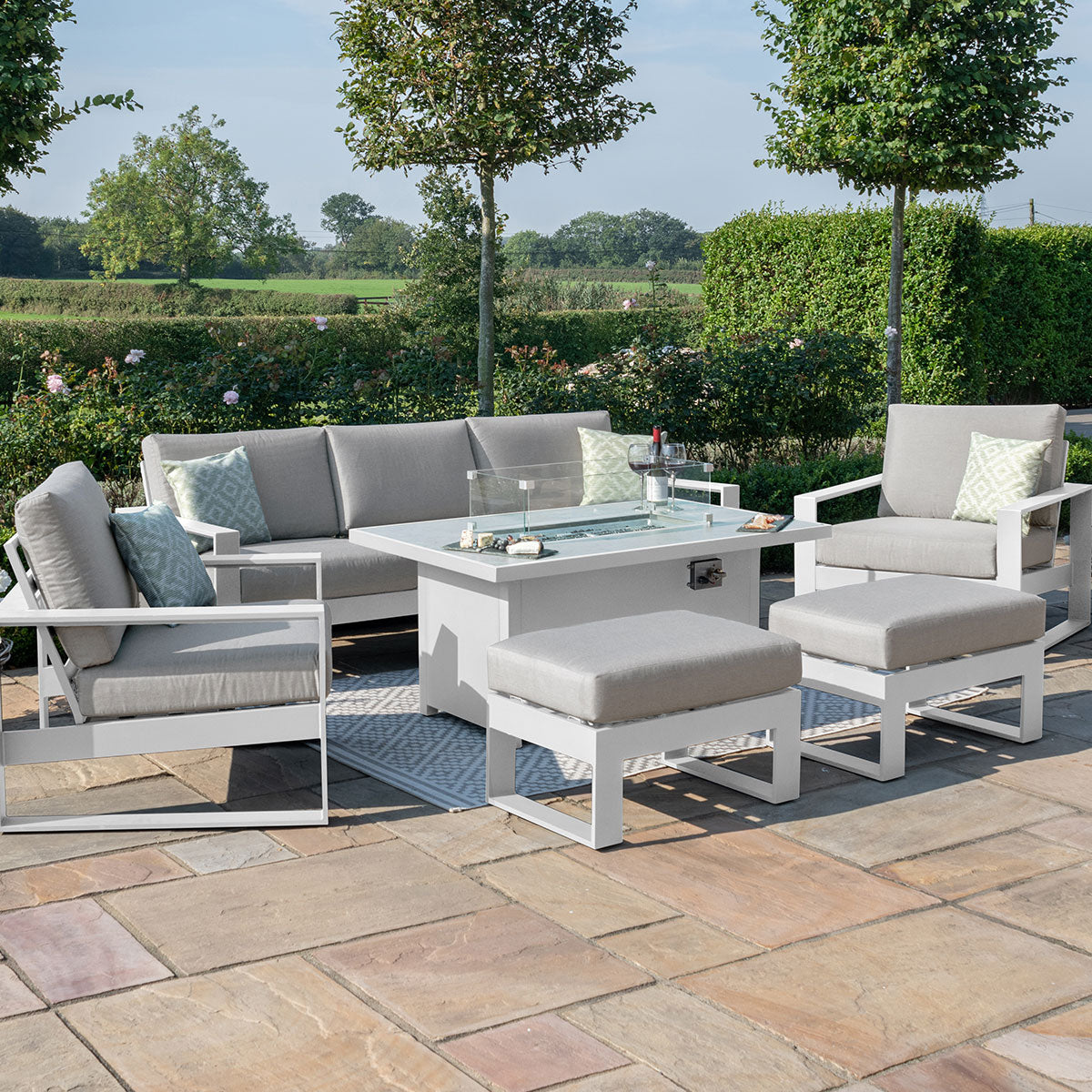 Amalfi 3 Seat Sofa Set With Rectangular Fire Pit Table in White