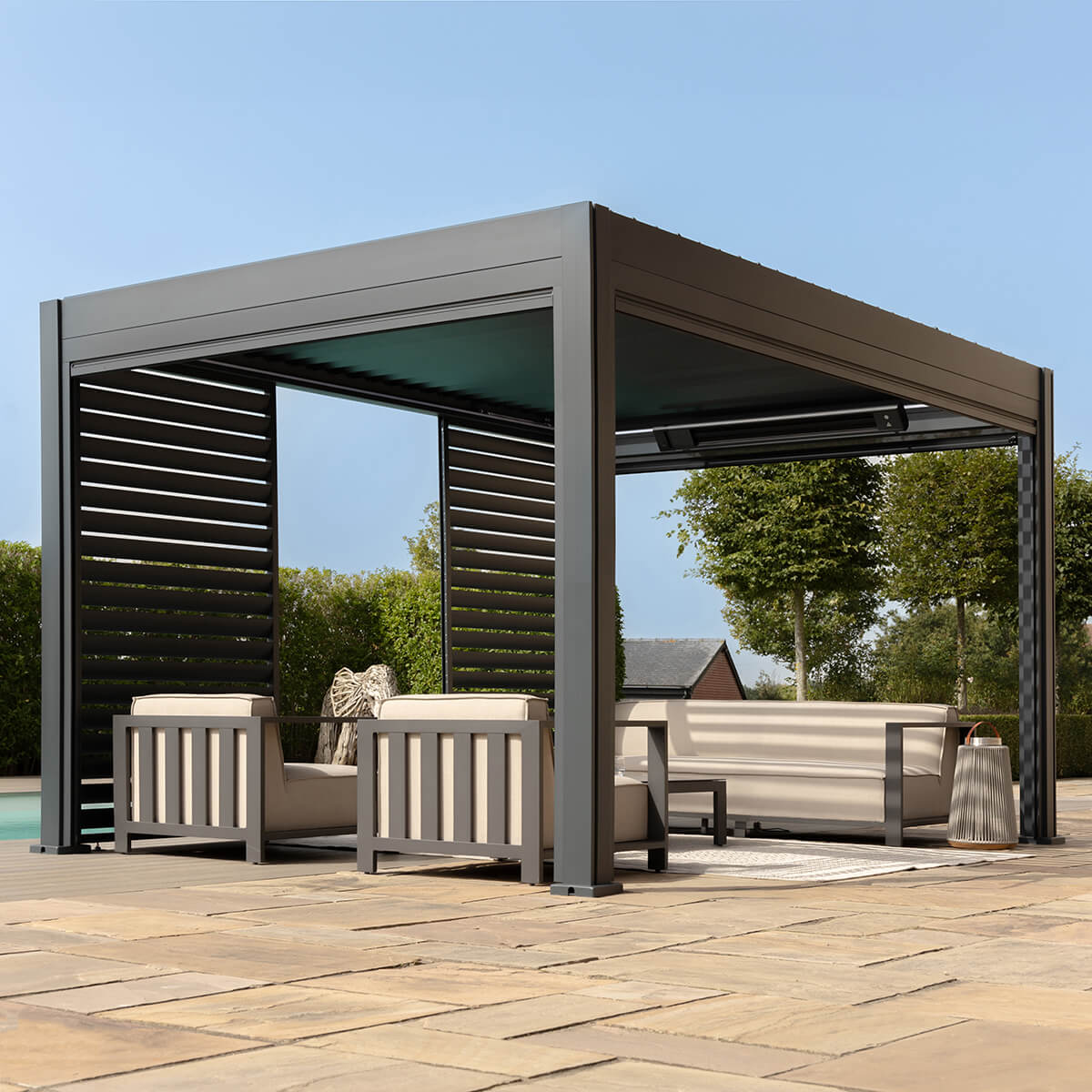 Eden Pergola Aluminium Rectangular 30x40 / Louvre Wall 4m / 3x Blinds / Grey