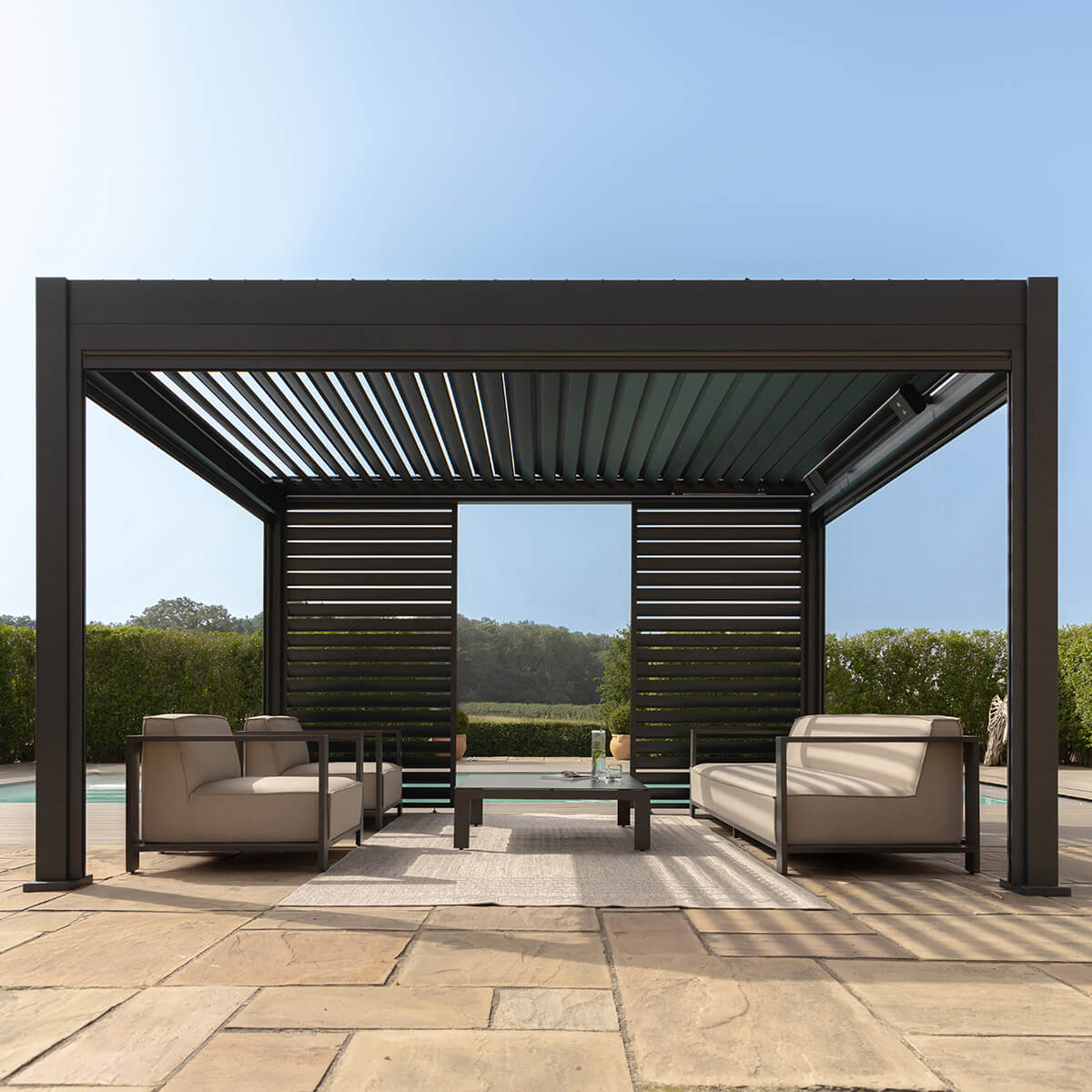 Eden Pergola Aluminium Rectangular 30x40 / Louvre Wall 4m / 3x Blinds / Grey