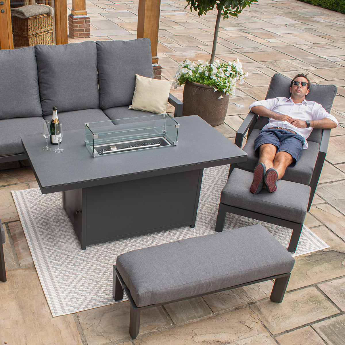 Manhattan Reclining Corner Dining Set with Fire Pit Table & Armchair