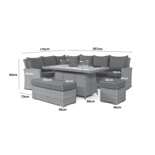 Ascot Rectangular Corner Dining Set with Fire Pit in Grey