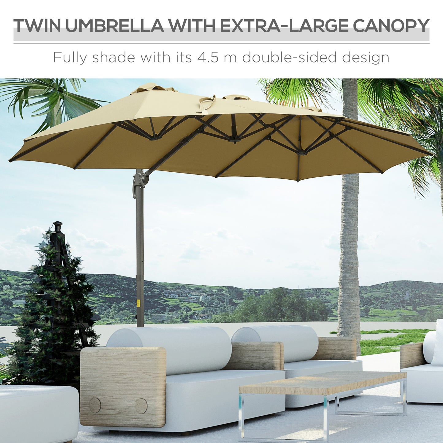 Outsunny 4.5m Double Sided Rectangular Patio Parasol: Large Garden Umbrella with Crank Handle, 360° Cross Base for Bench in Khaki/Grey