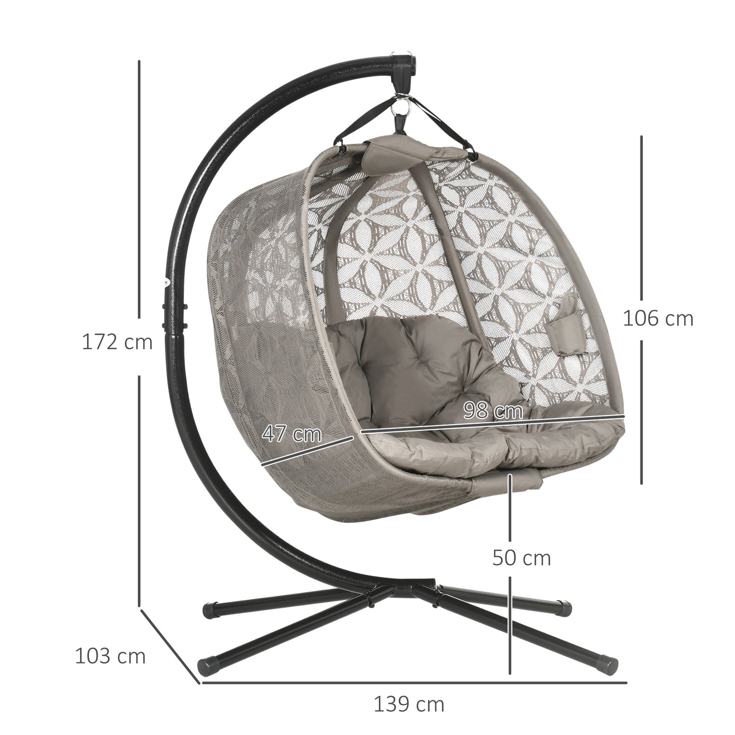 Outsunny Outdoor Foldable Double Hanging Chair: Luxury Swing Chair with Metal Stand with Thick Padded Cushion, Foldable Basket & Cup Holders for Indoor or Outdoor in Sand Brown