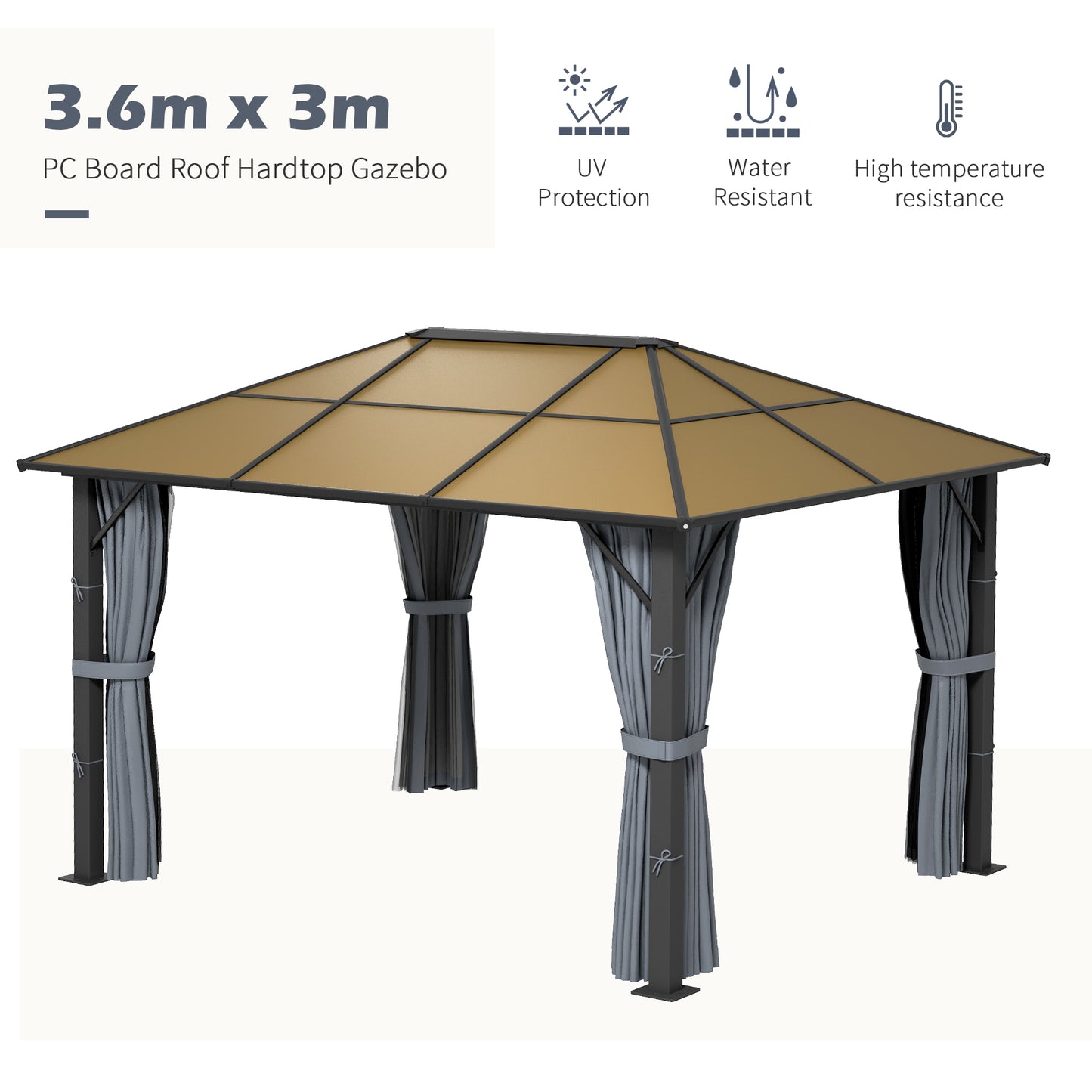 Outsunny 3 x 3.6m Garden Aluminium Gazebo With Hardtop Roof, Mesh Curtains & Side Walls in Grey