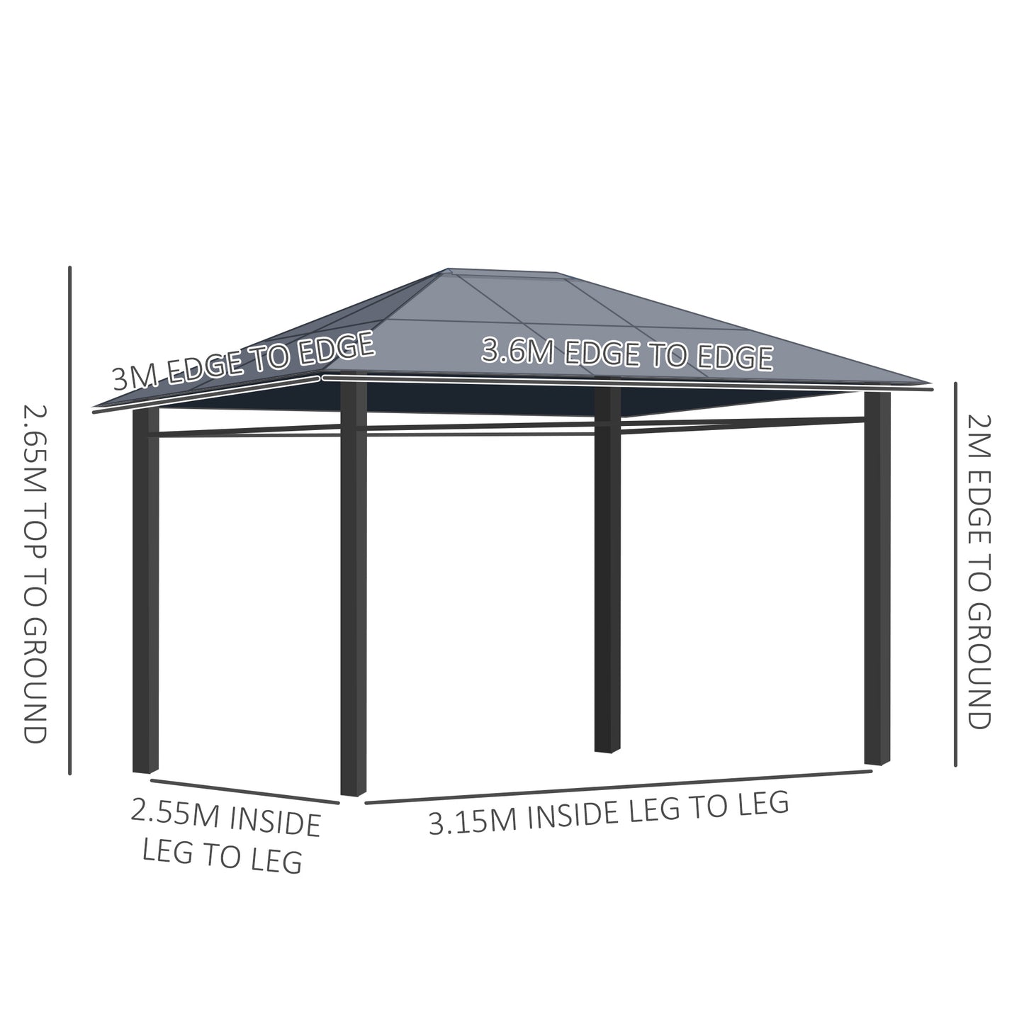 Outsunny 3.6 x 3m Hardtop Gazebo with UV Resistant Polycarbonate Roof with Steel & Aluminium Frame and Curtains in Grey