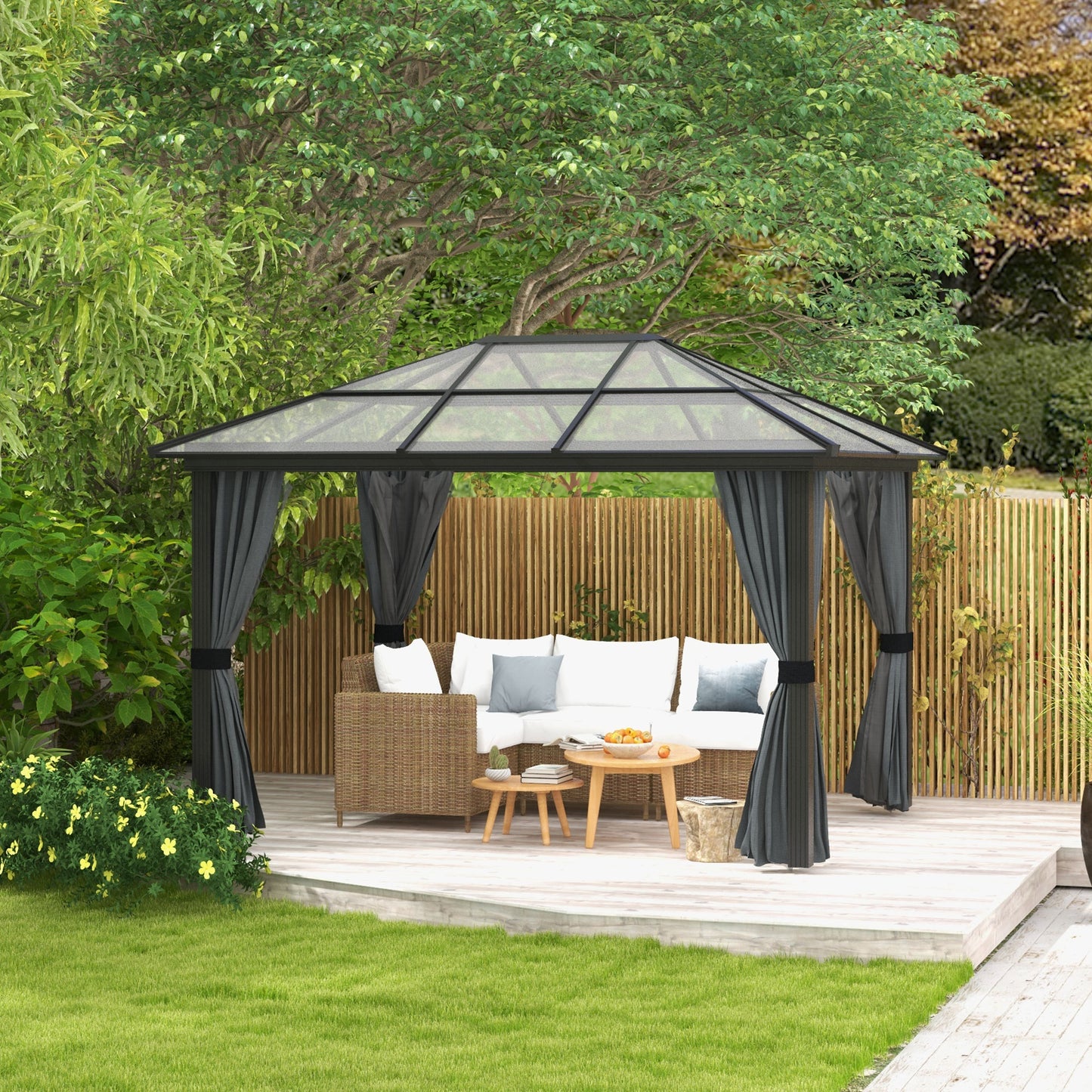 Outsunny 3 x 3.6m Hardtop Gazebo with UV Resistant Polycarbonate Roof and Aluminium Frame: Complete With Netting and Curtains in Grey/Black