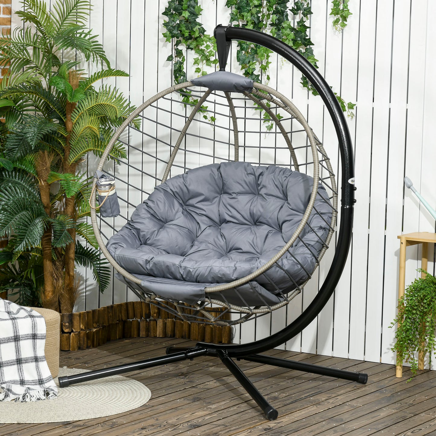 Outsunny Rattan Foldable Swing Chair: Outdoor Hanging Chair with Stand with Padded Cushion & Cup Holder in Grey