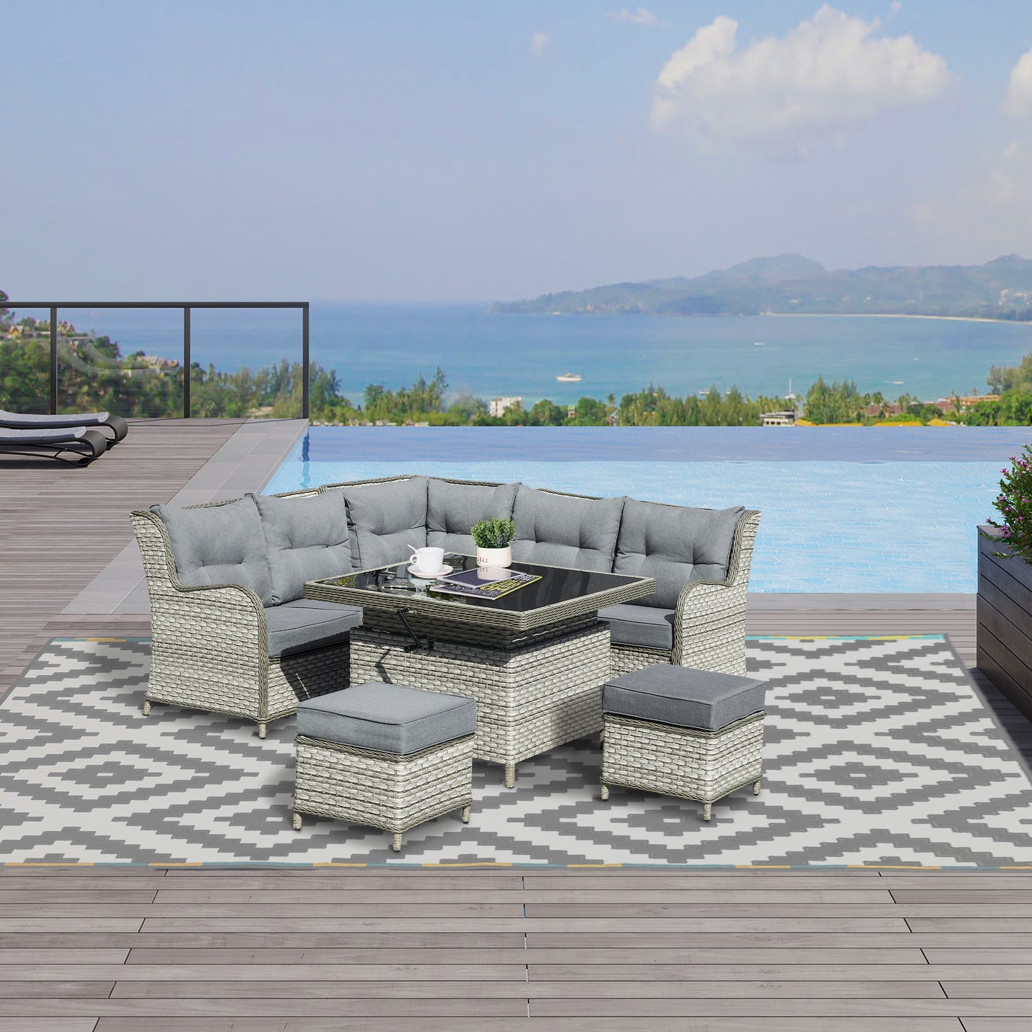 Outsunny 7 Seater Outdoor Rattan Sofa Dining Set with Liftable Coffee Table in Grey