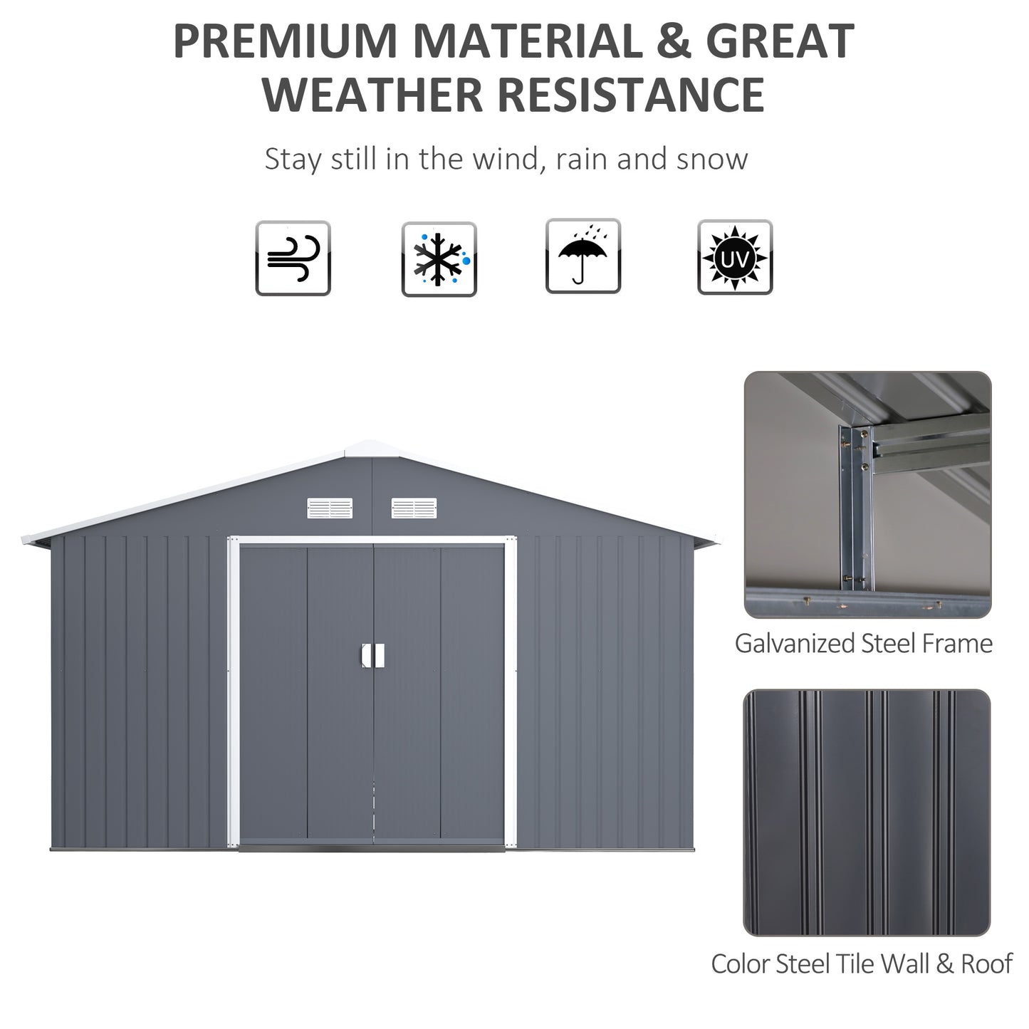 Outsunny 13 x 11ft Galvanised Steel Outdoor Garden Shed with Foundation and Ventilation in Grey