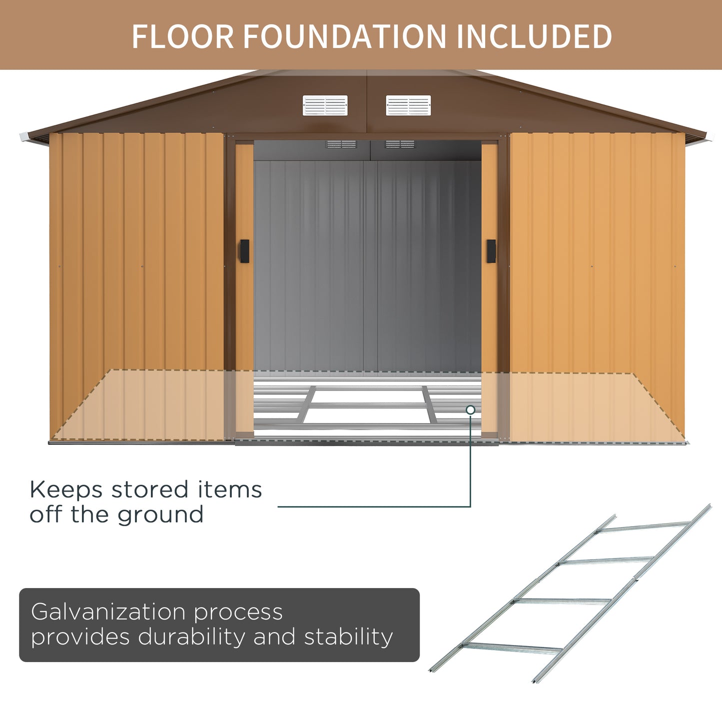 Outsunny 13 x 11 ft Metal Garden Shed: Large Patio Roofed Tool Storage, with Foundation Ventilation and Sliding Doors in Yellow