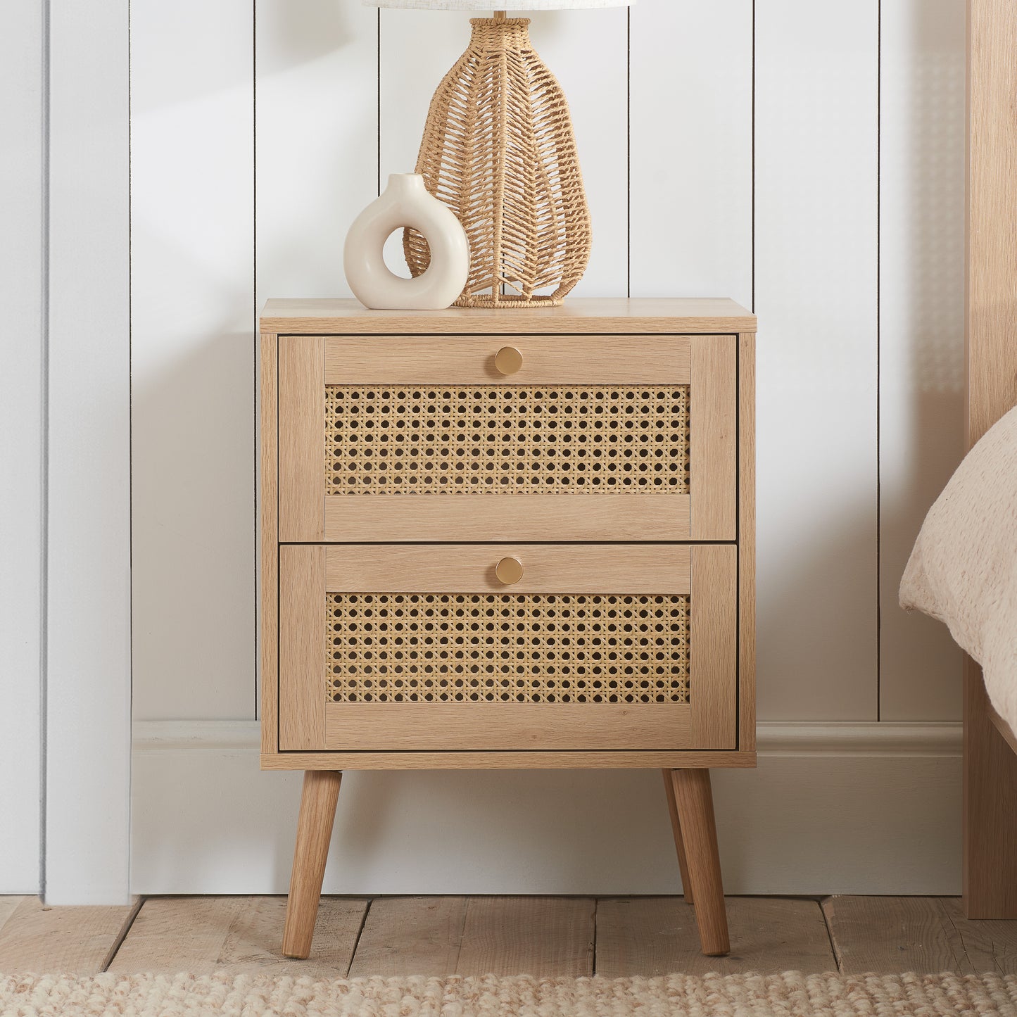 Croxley 2 Drawer Rattan Bedside in Oak