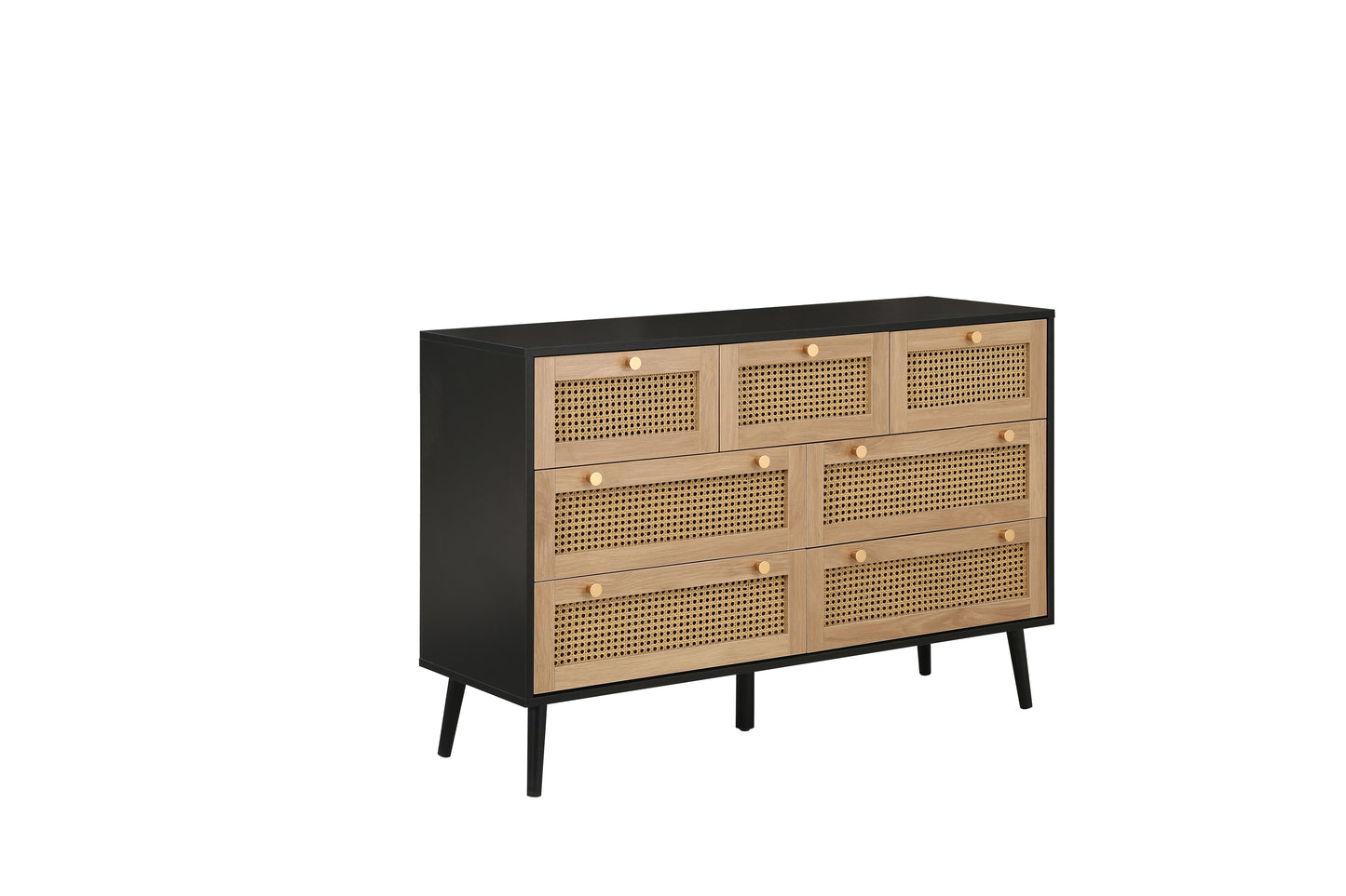 Croxley 7 Drawer Rattan Chest - Black, Oak, or White with Gold Handles