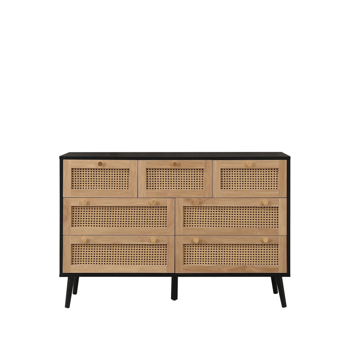 Croxley 7 Drawer Rattan Chest - Black, Oak, or White with Gold Handles