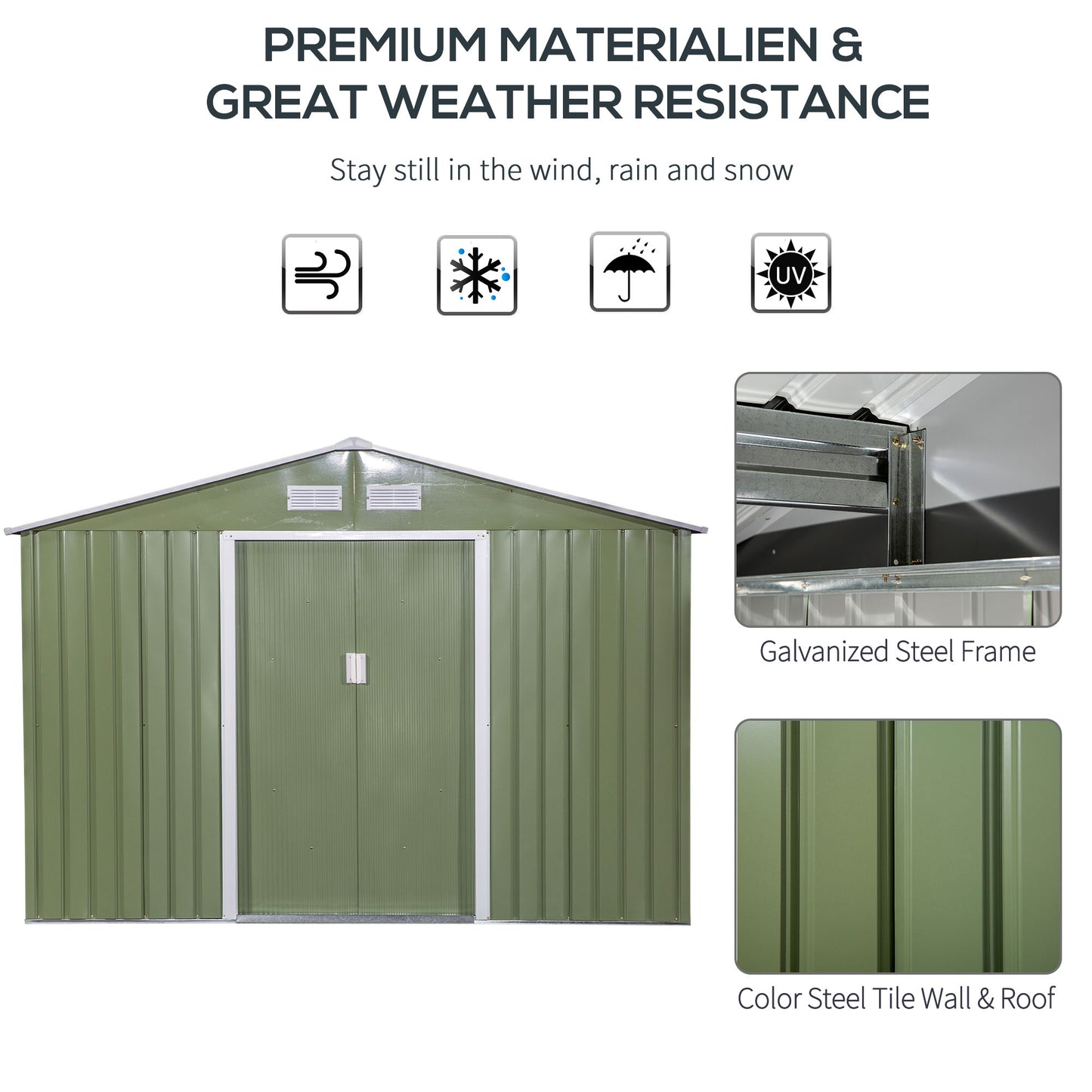 Outsunny 9 x 6FT Metal Garden Storage Shed: Corrugated Steel Roofed with Foundation Ventilation and Doors in Light Green