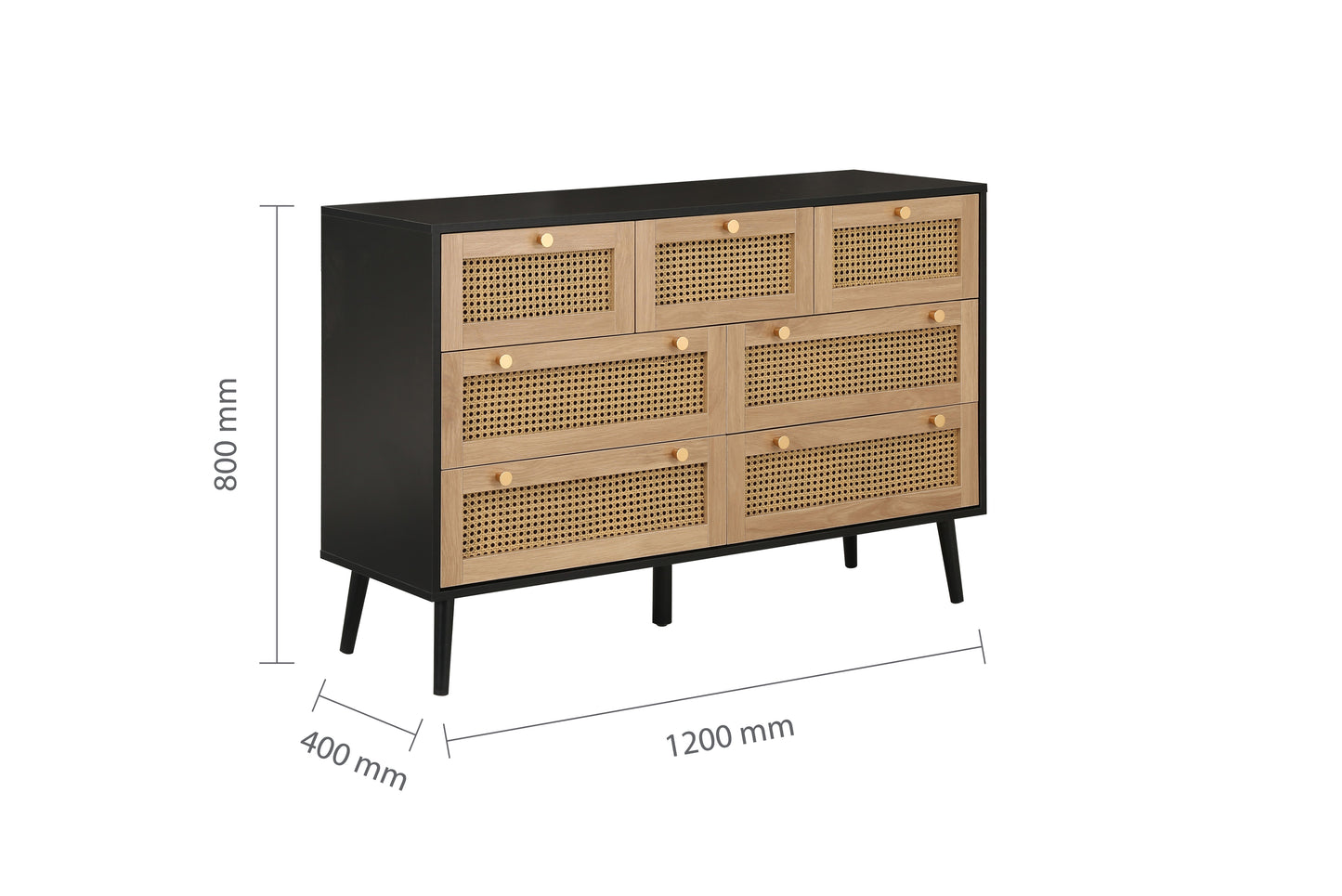 Croxley 7 Drawer Rattan Chest - Black, Oak, or White with Gold Handles