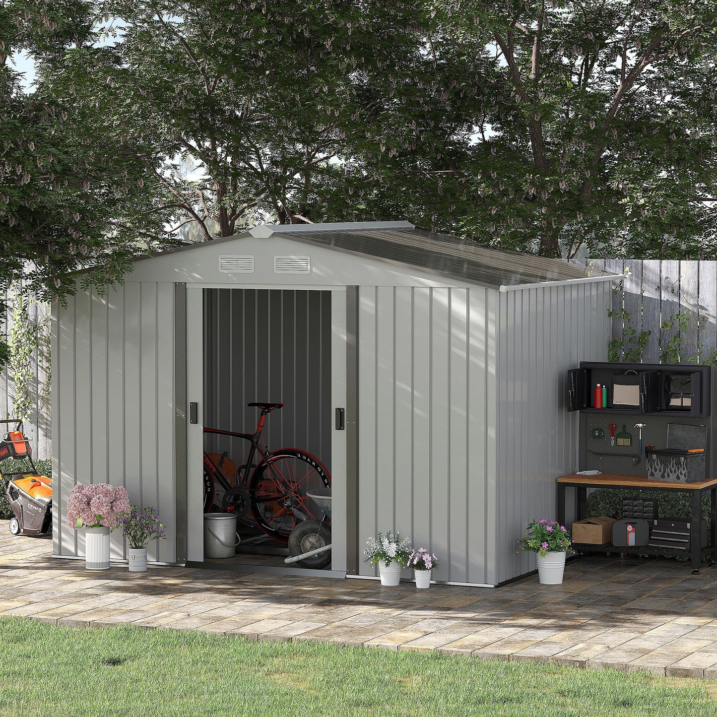 Outsunny 9 x 6FT Garden Storage Shed, Metal Outdoor Storage Shed House with Floor Foundation, Ventilation & Doors in Grey