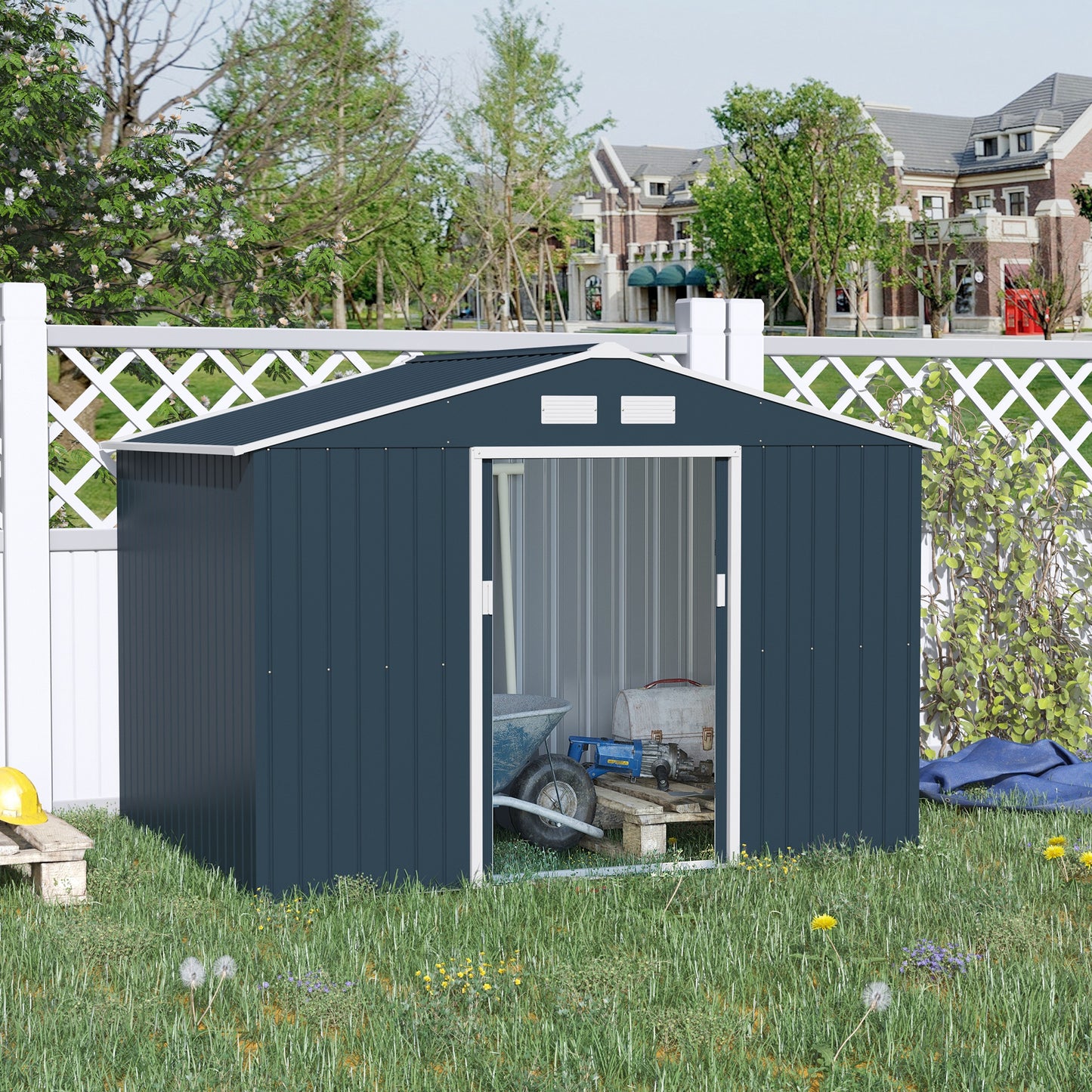 Outsunny 9 x 6FT Garden Roofed Metal Storage Shed with Foundation Ventilation & Doors in Dark Grey