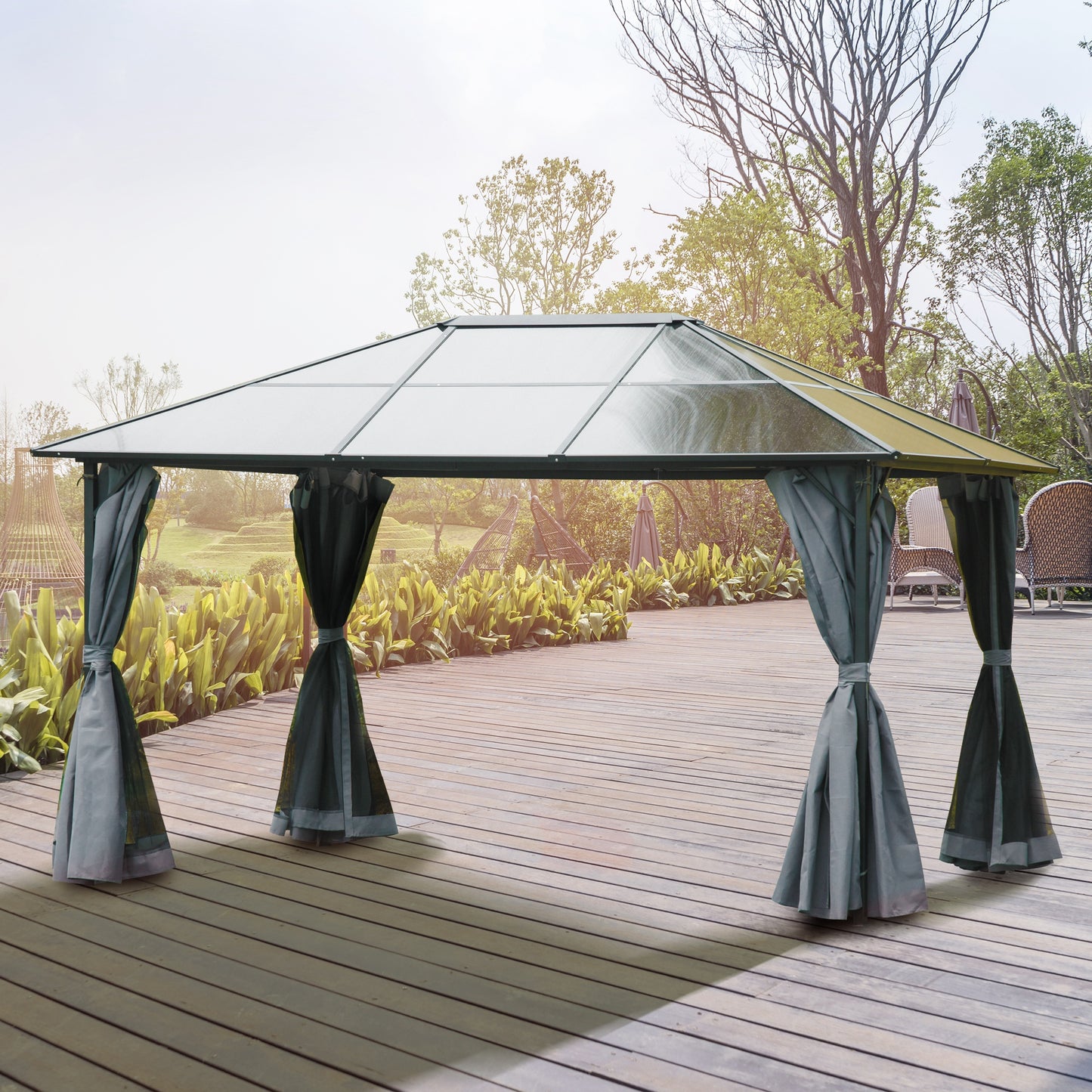 Outsunny 4 x 3m Garden Aluminium Gazebo with Hardtop Roof, Mesh Curtains & Side Walls in Grey