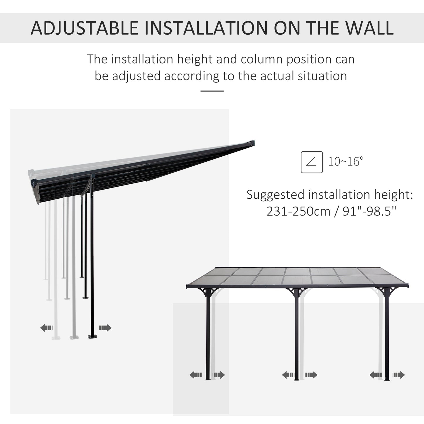 Outsunny 4.35 x 3m Outdoor Wall-Mounted Aluminium Pergola With PC Roof in Grey