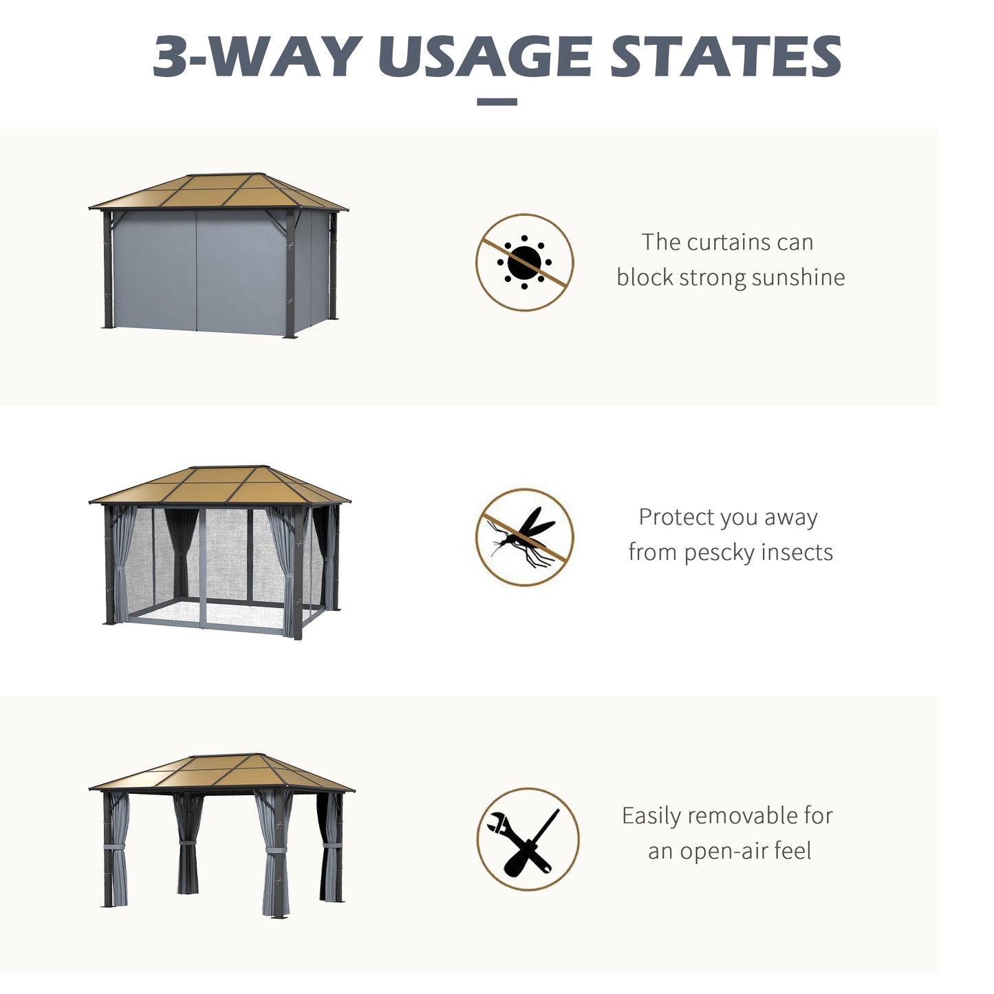 Outsunny 3 x 3.6m Garden Aluminium Gazebo With Hardtop Roof, Mesh Curtains & Side Walls in Grey