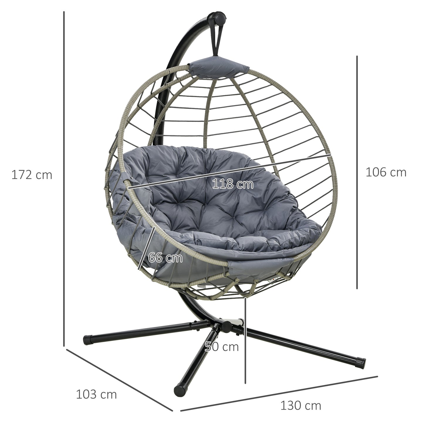 Outsunny Rattan Foldable Swing Chair: Outdoor Hanging Chair with Stand with Padded Cushion & Cup Holder in Grey