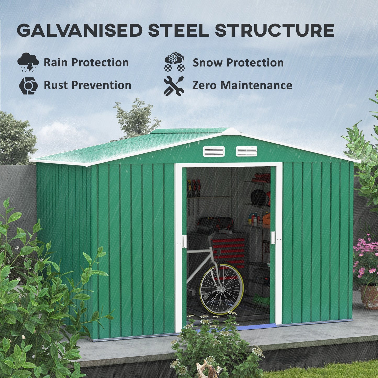 Outsunny 9 x 6 FT Lockable Green Garden Shed: Large Metal Storage Building with Foundation for Outdoor Furniture and More