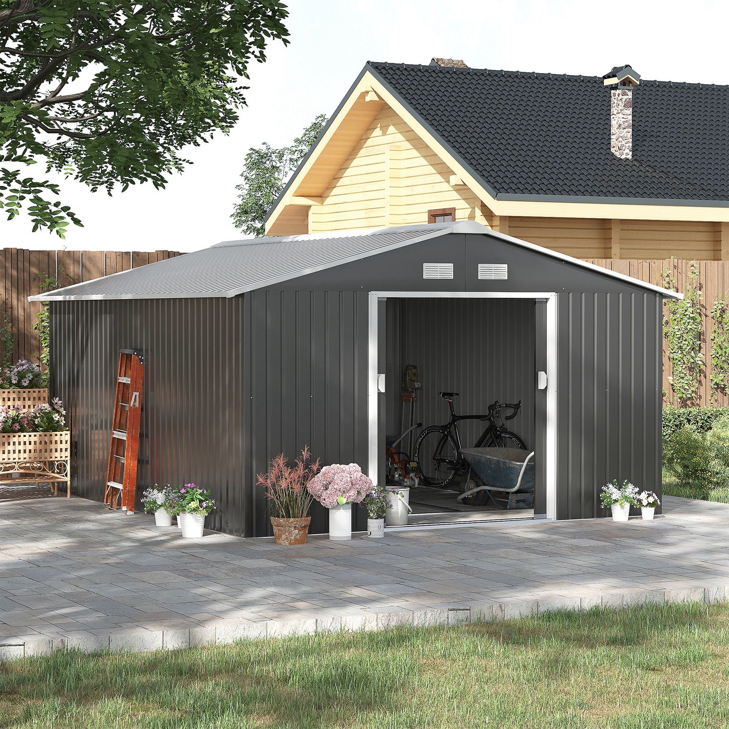 Outsunny 13 x 11ft Galvanised Steel Outdoor Garden Shed with Foundation and Ventilation in Grey