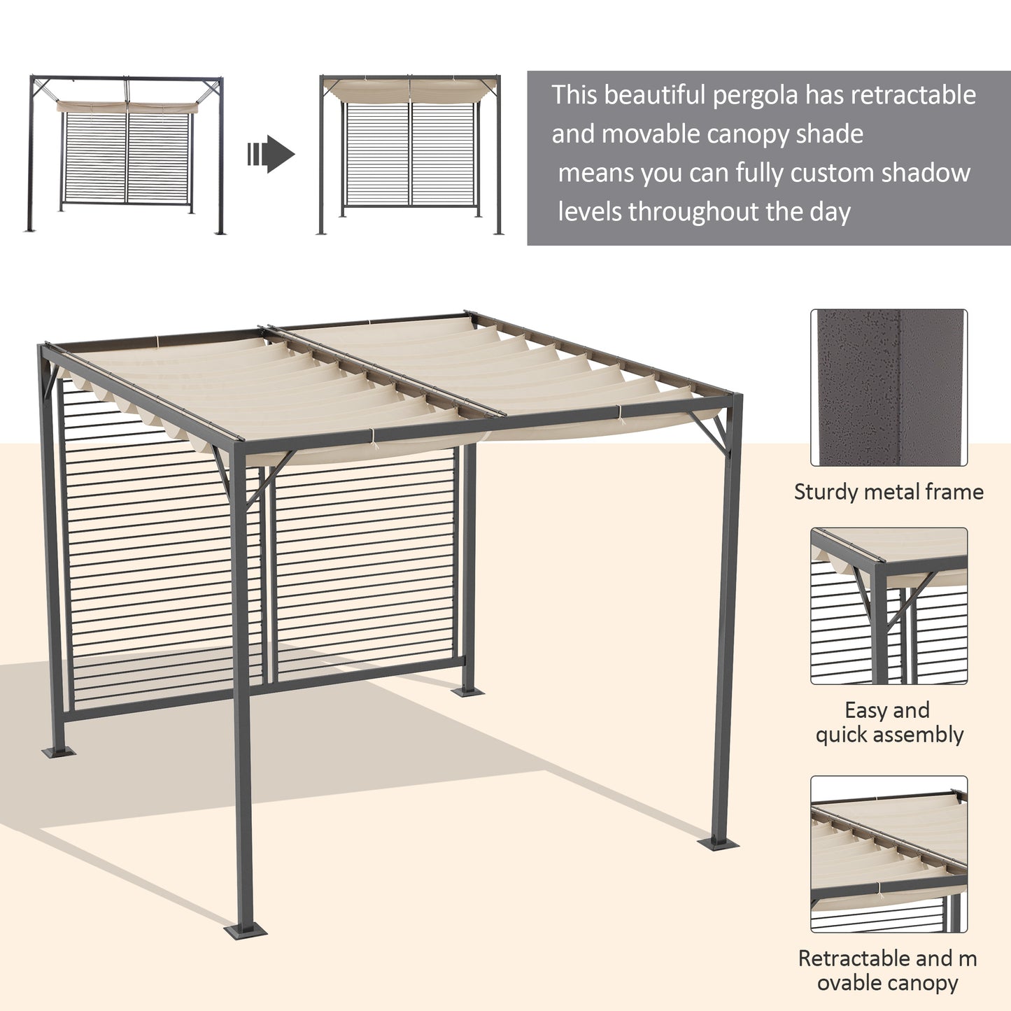 Outsunny 2.8m x 3m Retractable Metal Frame Outdoor Garden Pergola in Beige