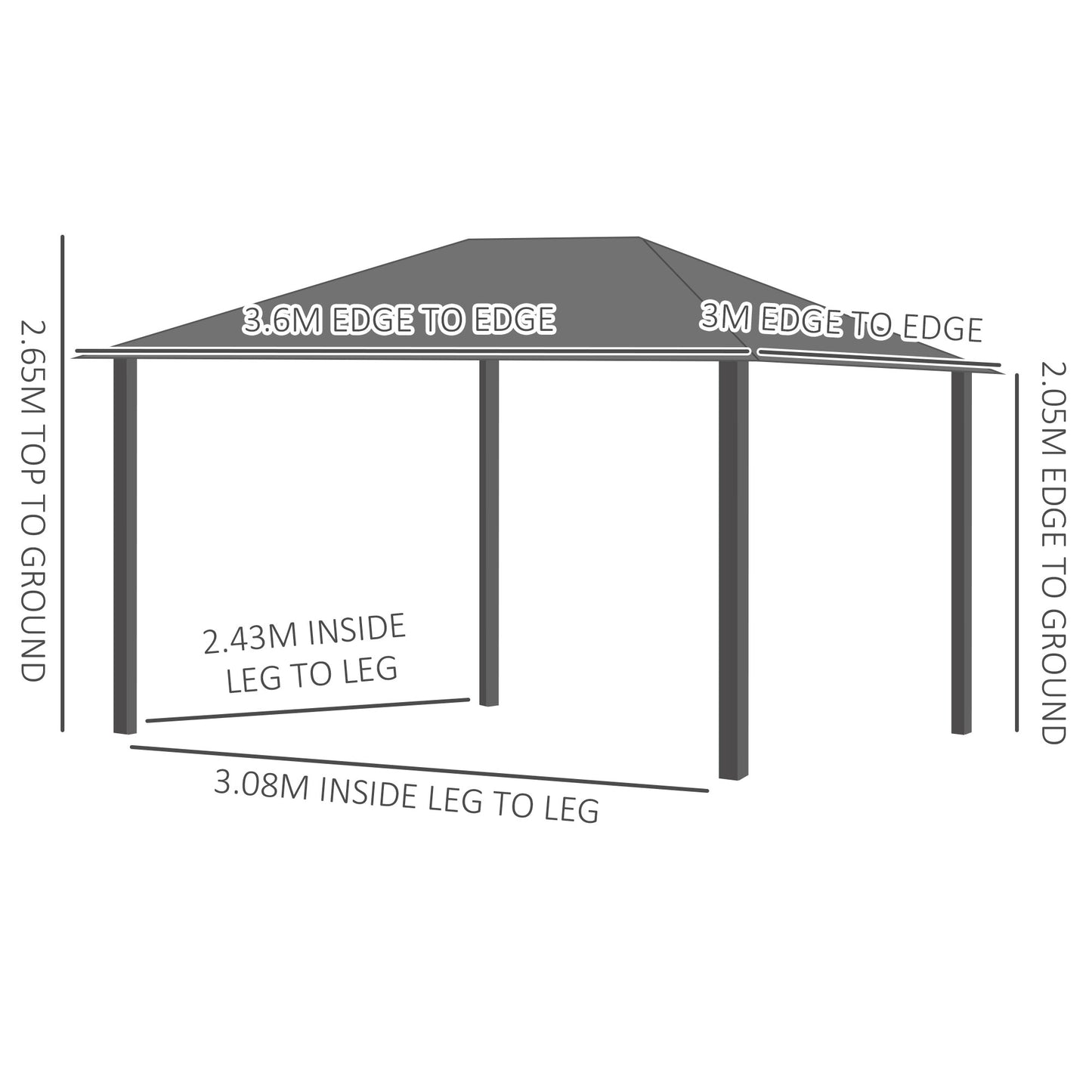 Outsunny 3 x 4m Hard Polycarbonate Roof and Aluminium Frame Gazebo with Netting and Curtains in Black/Grey