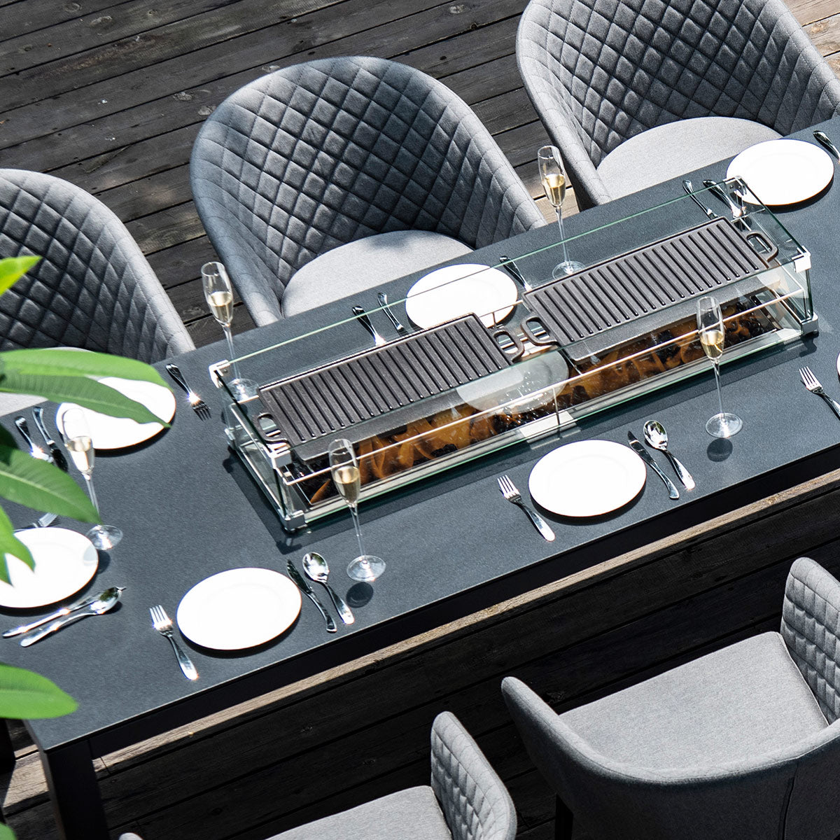 Ambition 8 Seat Rectangular Fire Pit Dining Set in Flanelle