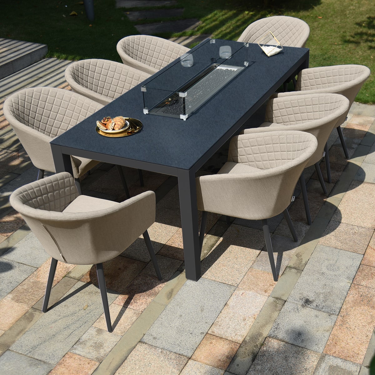 Ambition 8 Seat Rectangular Fire Pit Dining Set in Oatmeal