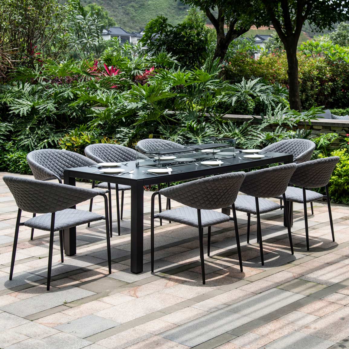 Pebble 8 Seat Rectangular Dining Set - Fire Pit Table in Flanelle