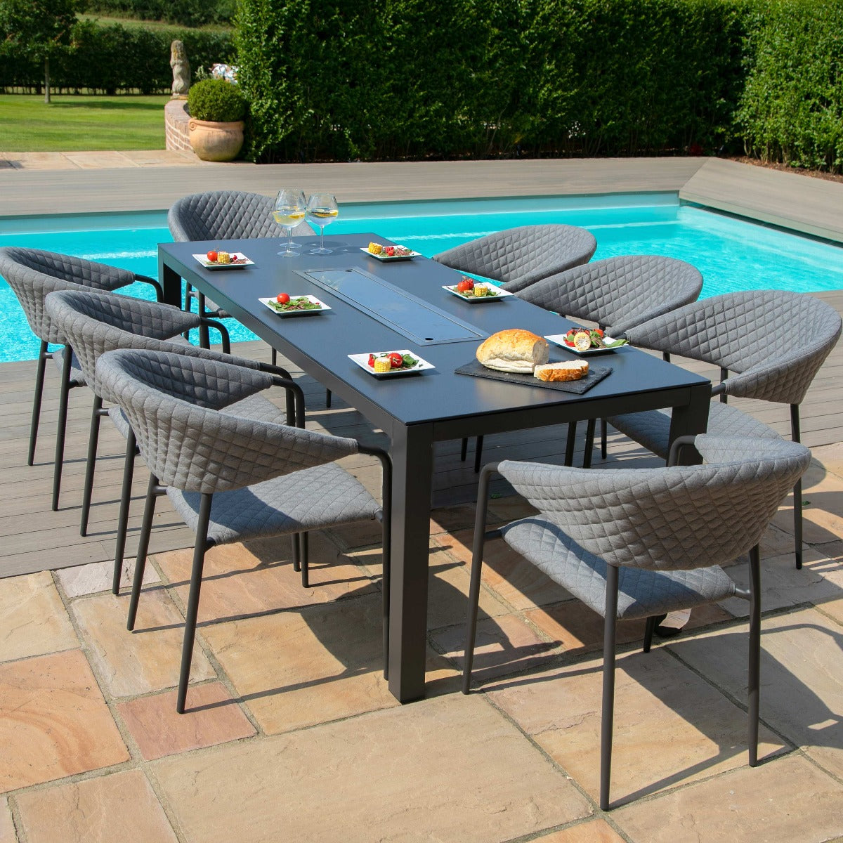 Pebble 8 Seat Rectangular Dining Set - Fire Pit Table in Flanelle