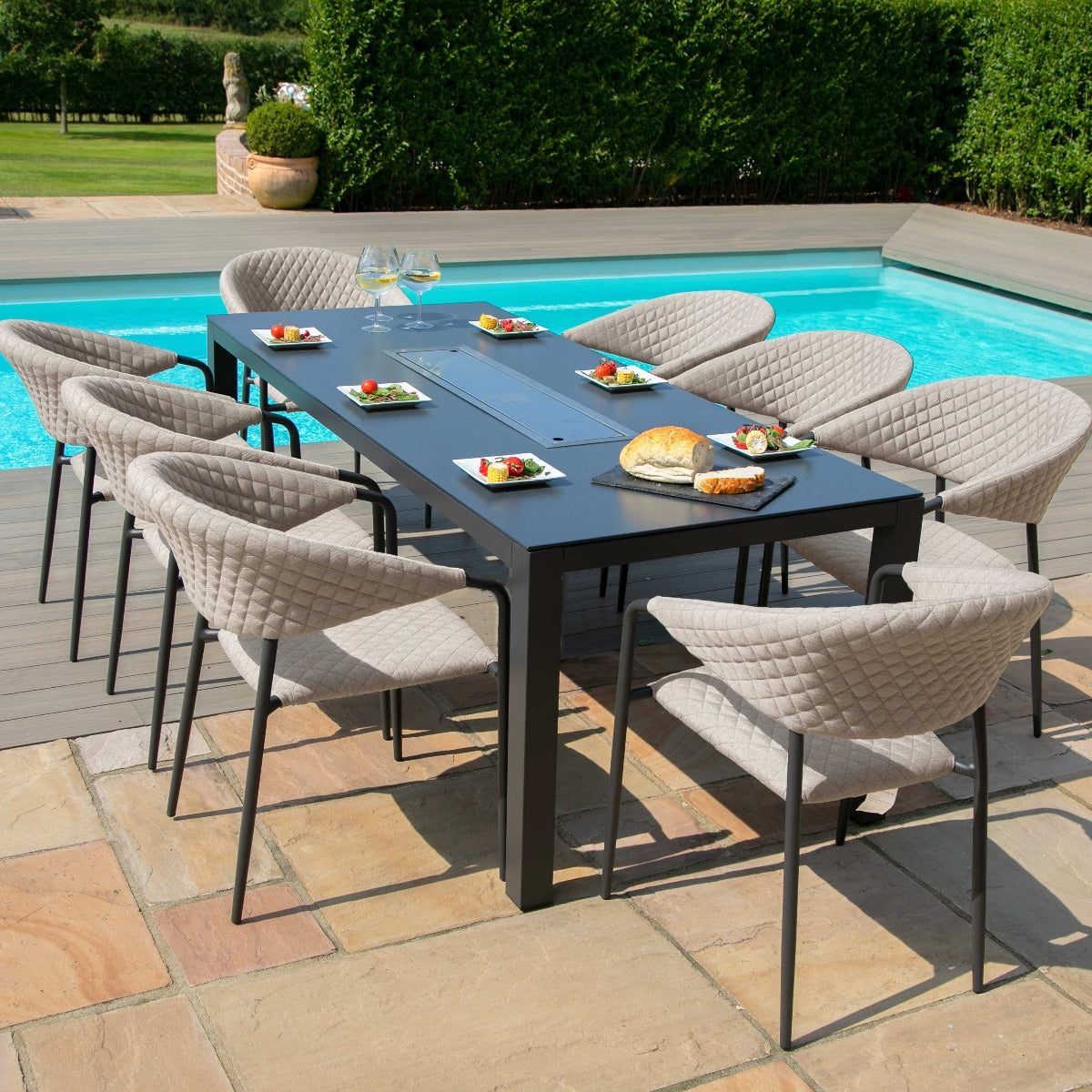 Pebble 8 Seat Rectangular Dining Set - Fire Pit Table in Taupe