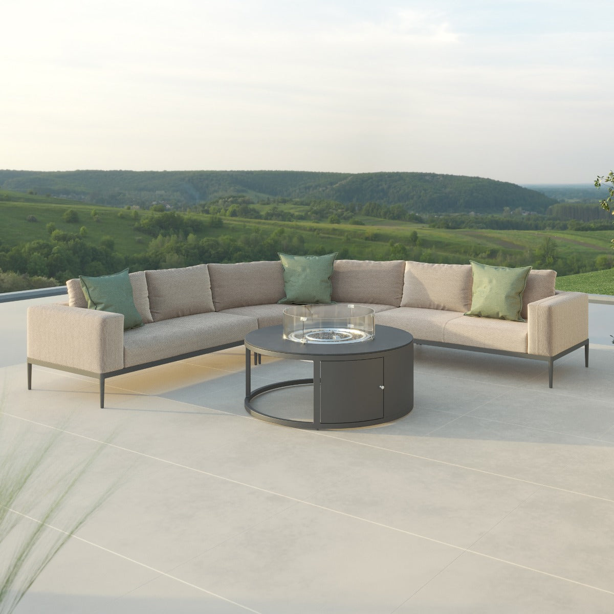 Eve Grande Corner Sofa Group With Round Fire Pit Coffee Table in Oatmeal