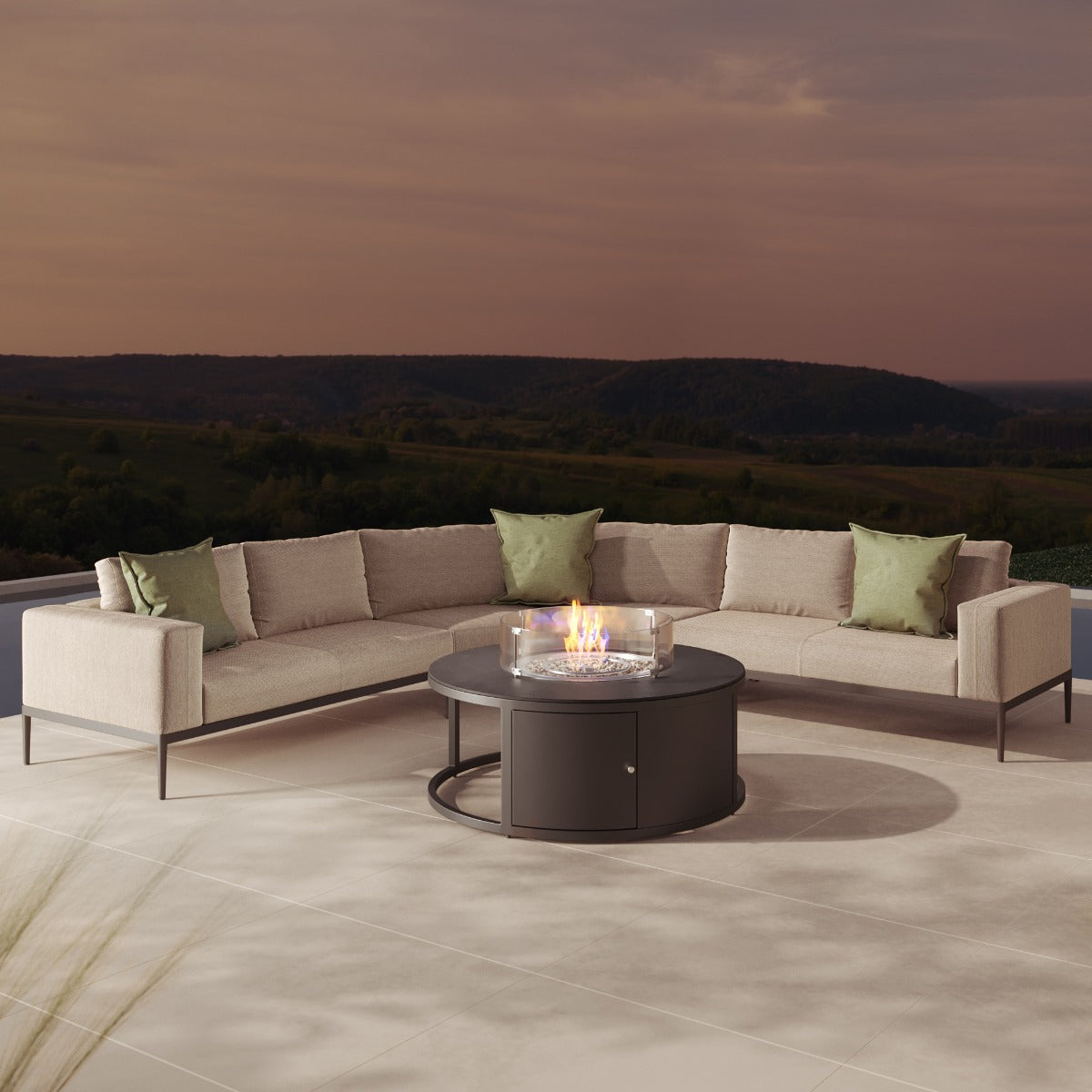 Eve Grande Corner Sofa Group With Round Fire Pit Coffee Table in Oatmeal