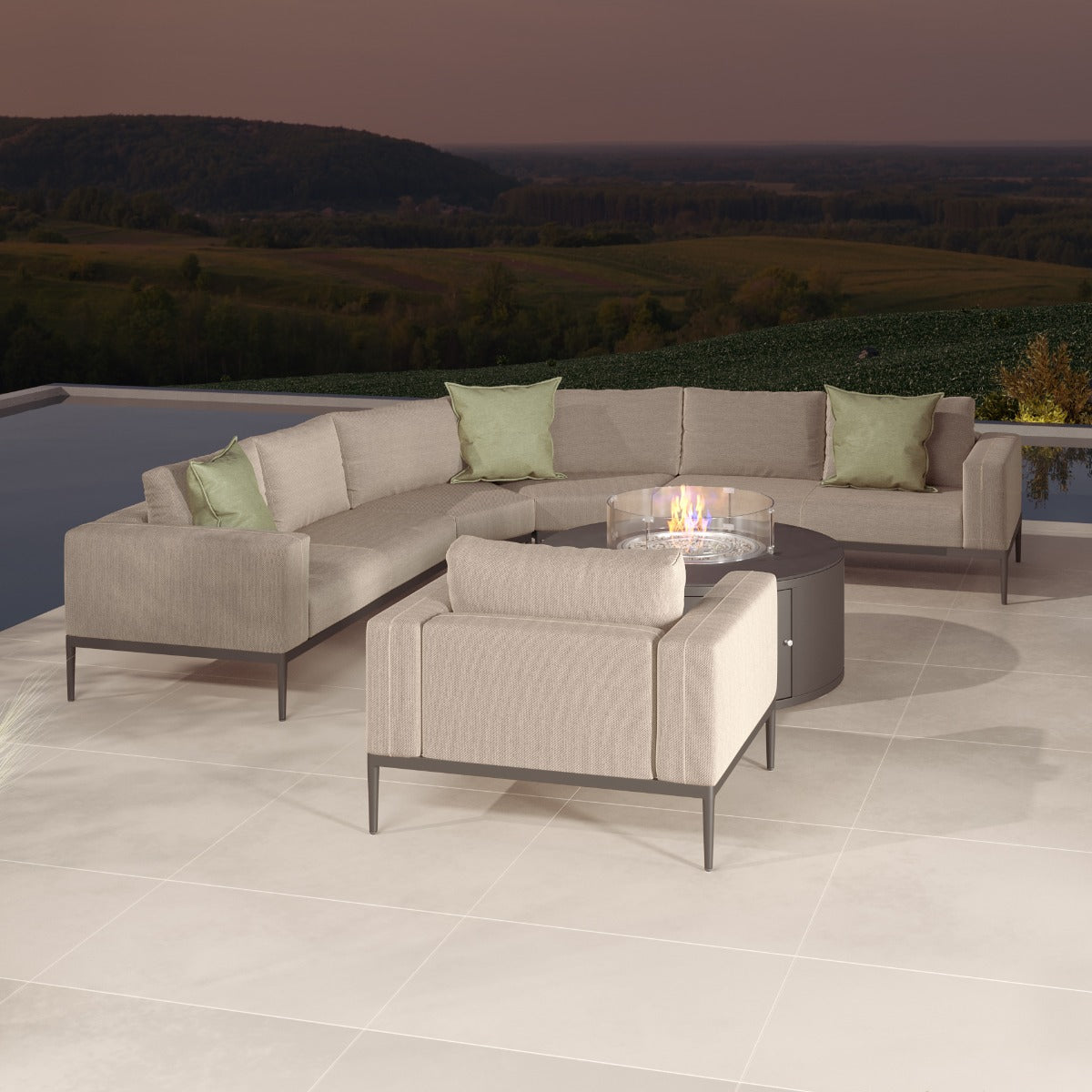 Eve Grande Corner Sofa Group With Round Fire Pit Coffee Table in Oatmeal