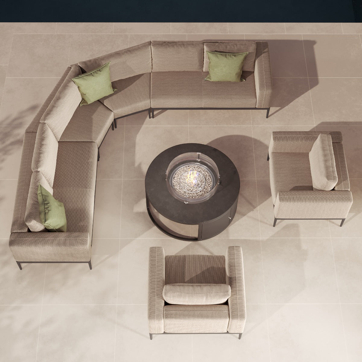 Eve Grande Corner Sofa Group With Round Fire Pit Coffee Table in Oatmeal