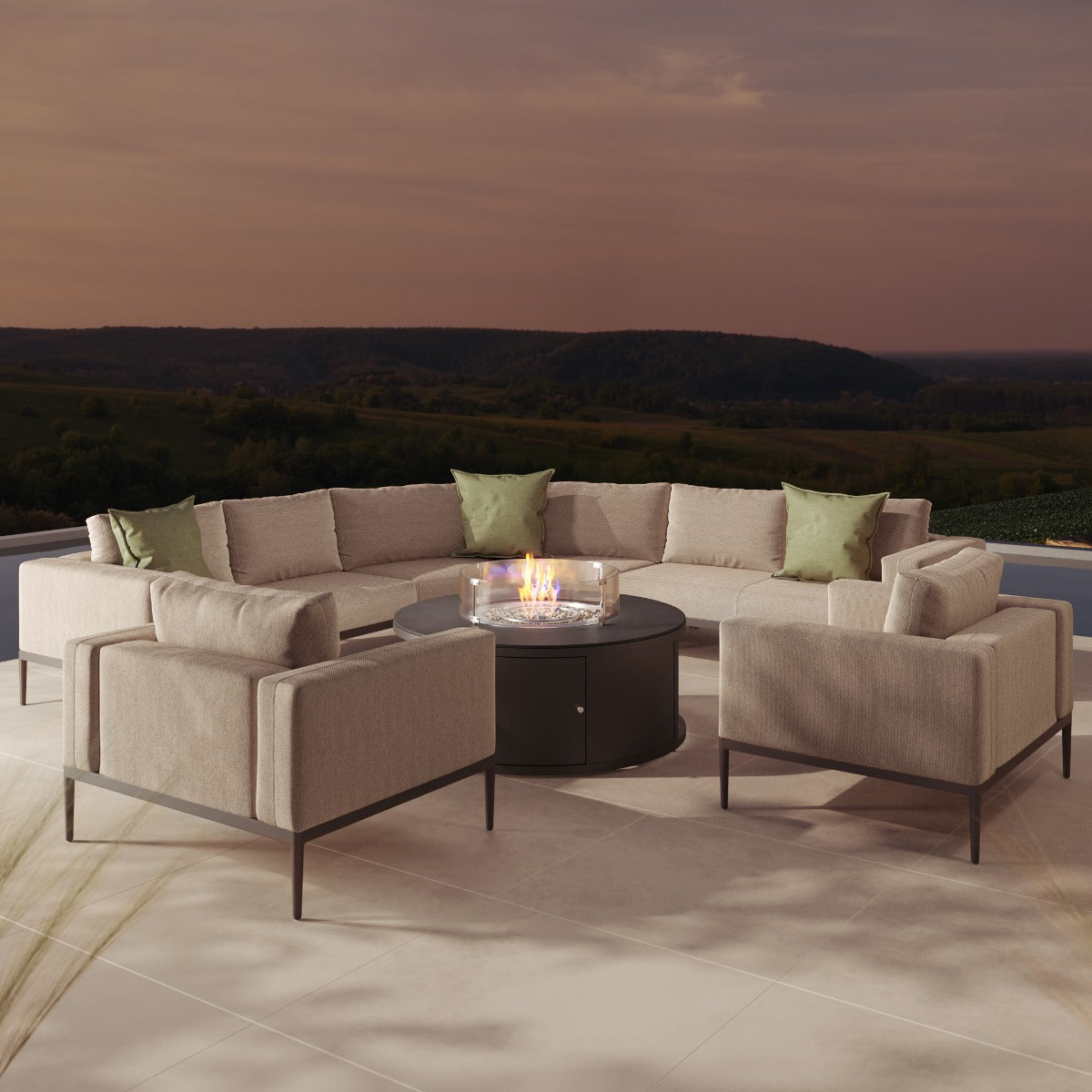 Eve Grande Corner Sofa Group With Round Fire Pit Coffee Table in Oatmeal