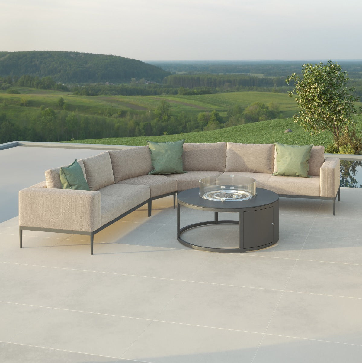 Eve Grande Corner Sofa Group With Round Fire Pit Coffee Table in Oatmeal