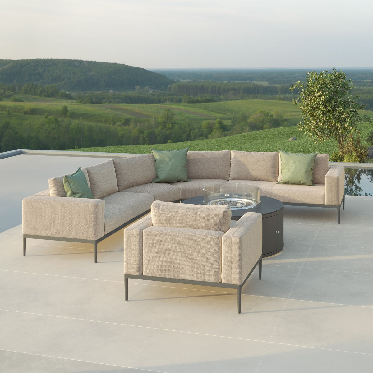 Eve Grande Corner Sofa Group With Round Fire Pit Coffee Table in Oatmeal