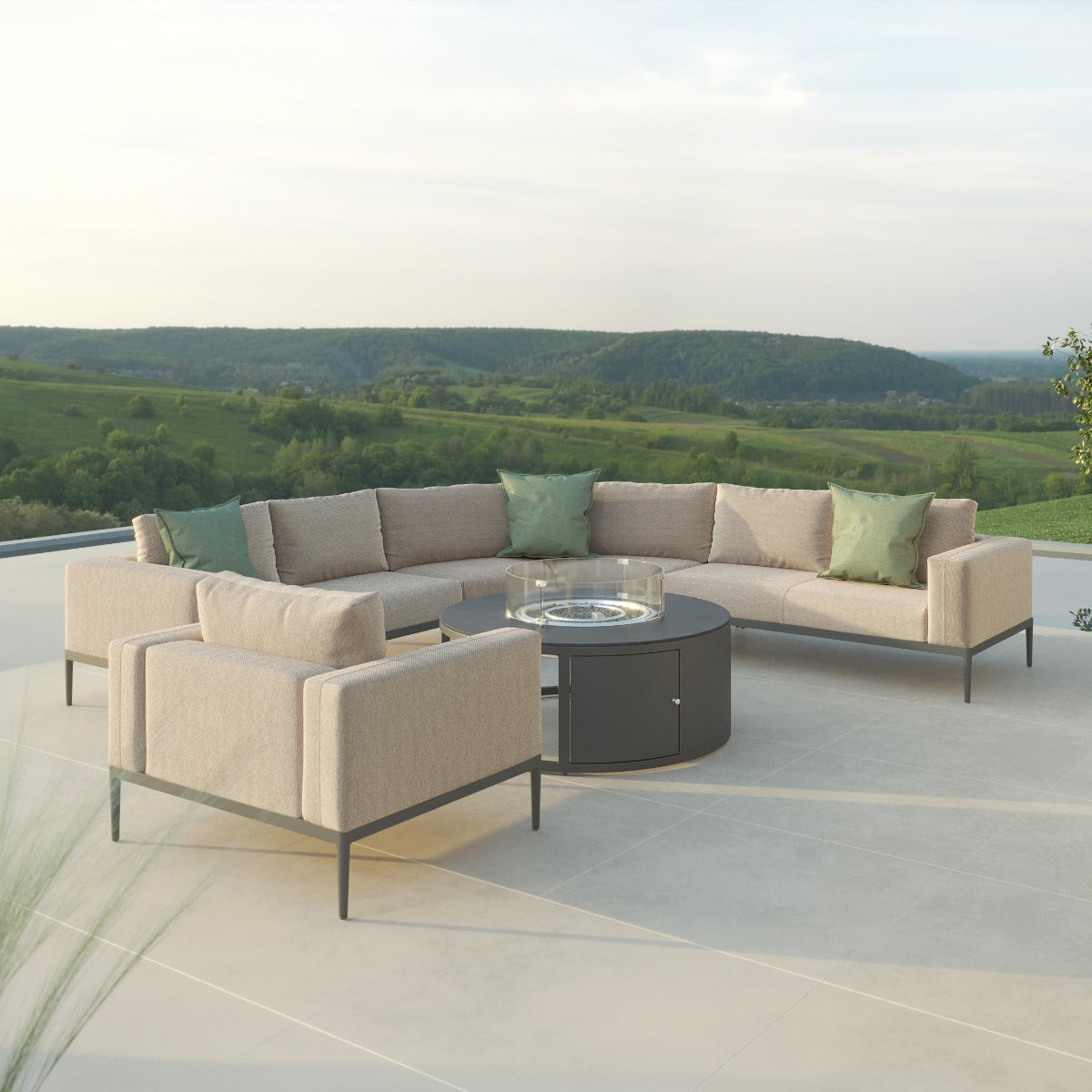 Eve Grande Corner Sofa Group With Round Fire Pit Coffee Table in Oatmeal