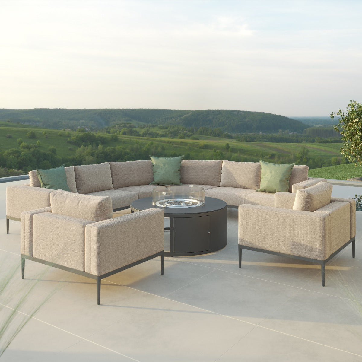 Eve Grande Corner Sofa Group With Round Fire Pit Coffee Table in Oatmeal