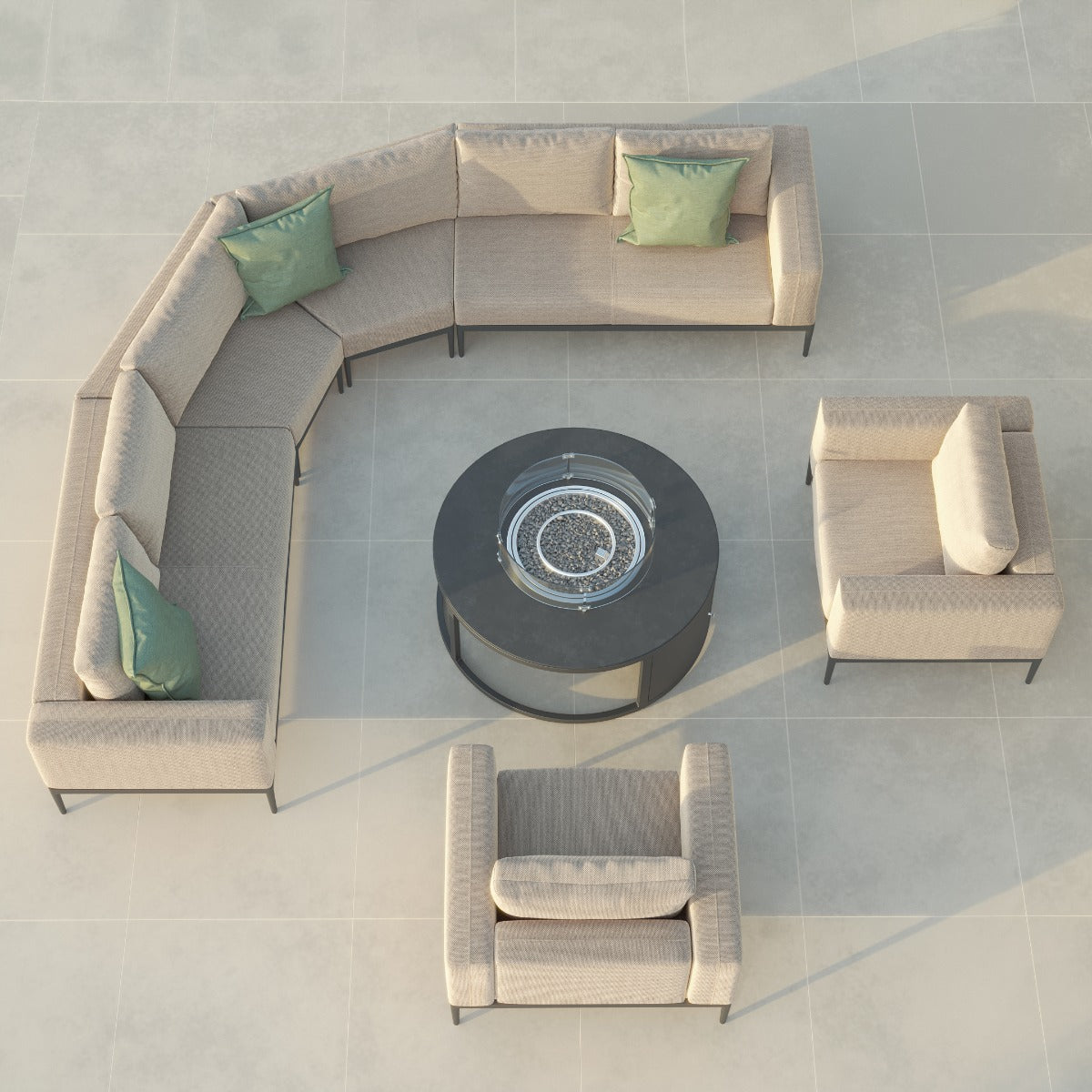 Eve Grande Corner Sofa Group With Round Fire Pit Coffee Table in Oatmeal