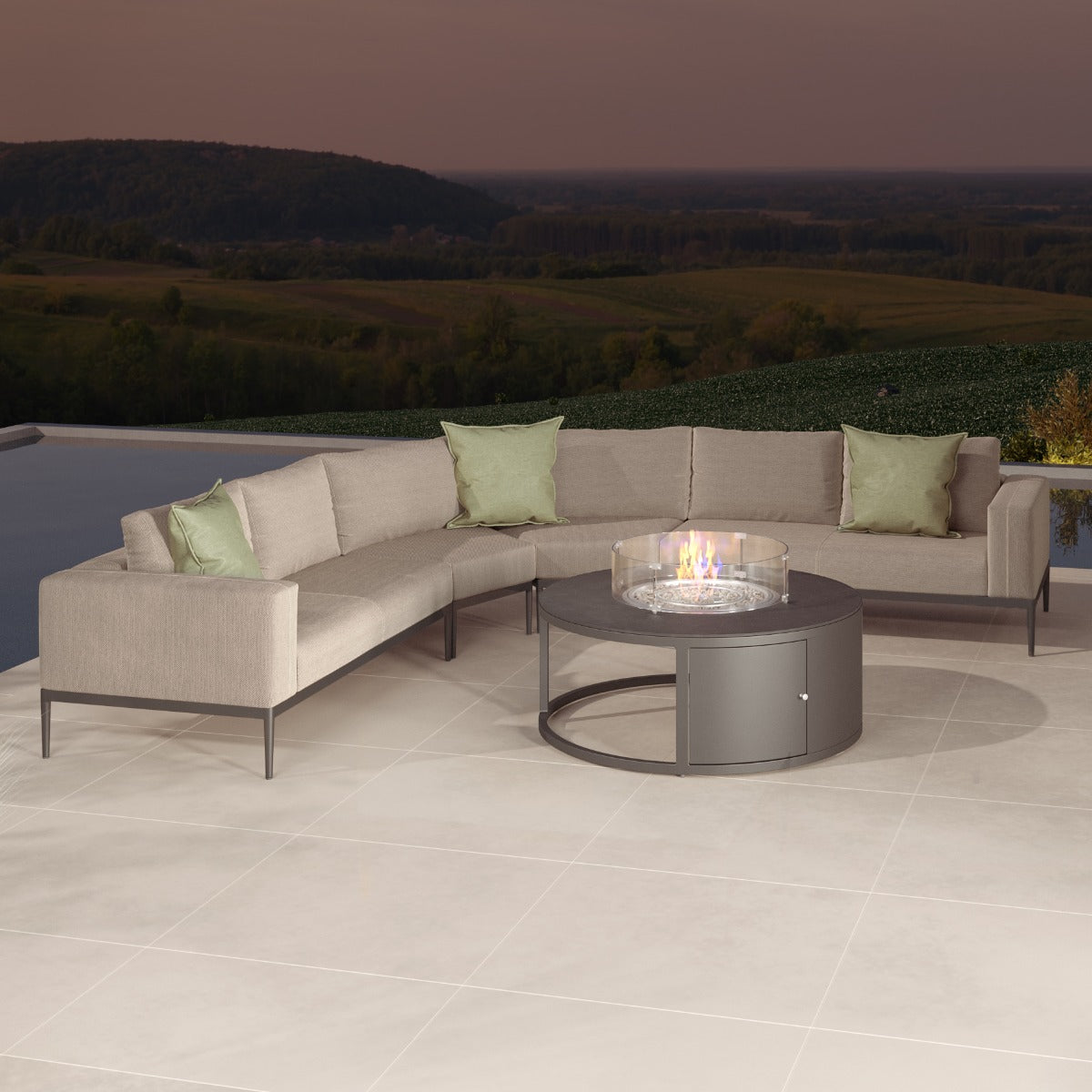 Eve Grande Corner Sofa Group With Round Fire Pit Coffee Table in Oatmeal