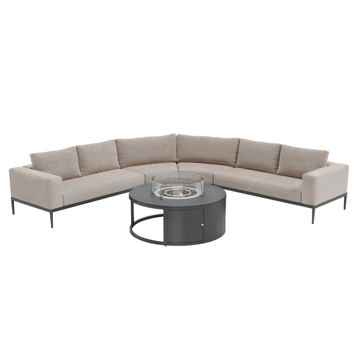 Eve Grande Corner Sofa Group With Round Fire Pit Coffee Table in Oatmeal